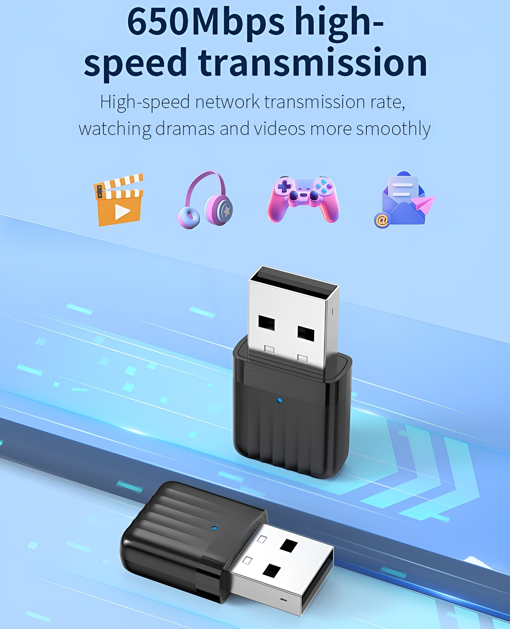 USB-Adapter mit Symbolen. Enthält Controller-Symbole. Der Hintergrund ist blau.
