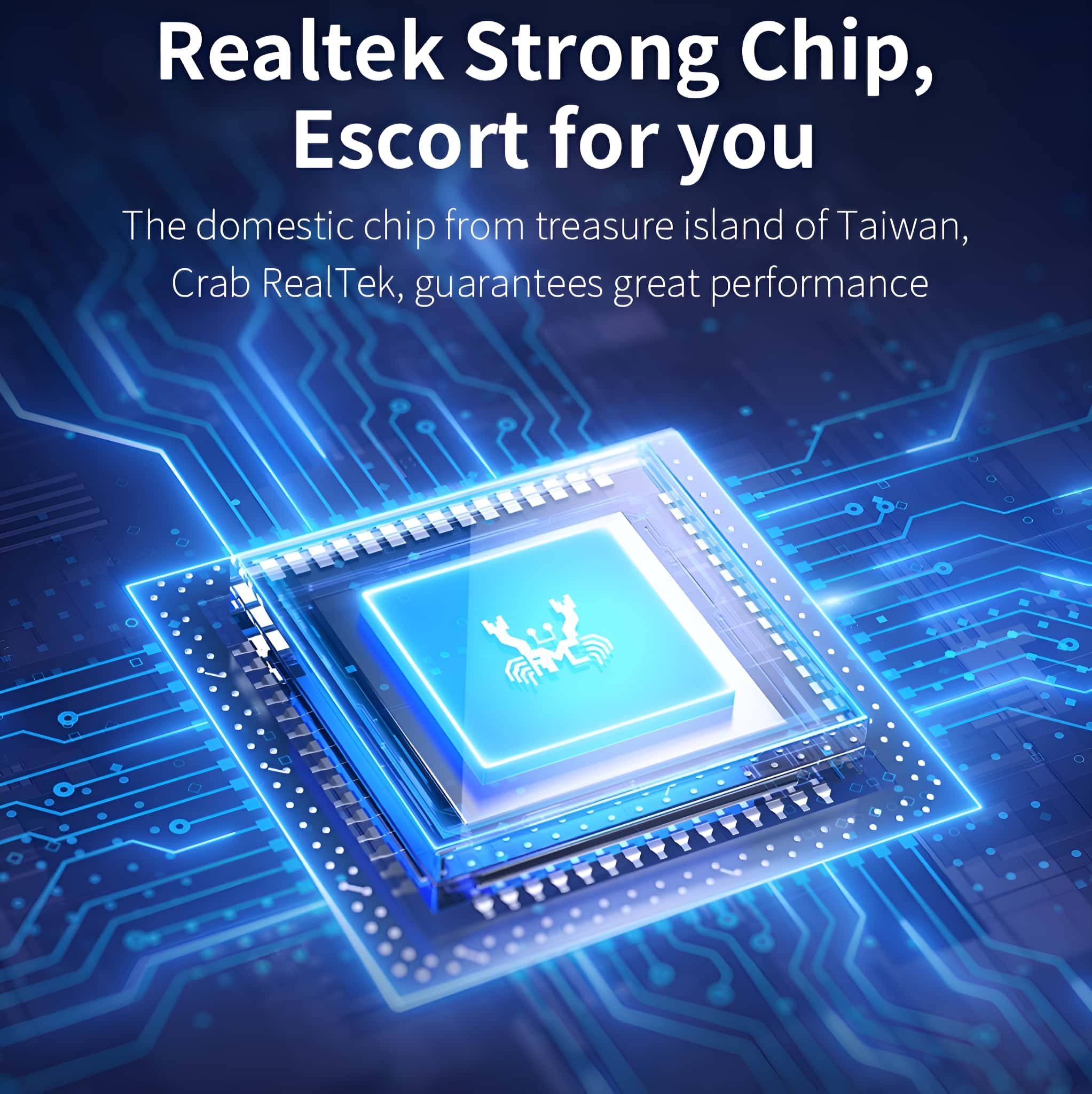 Ein Computerchip in einem blauen Schaltkreis. Die Worte 'Realtek Strong Chip' stehen oben.