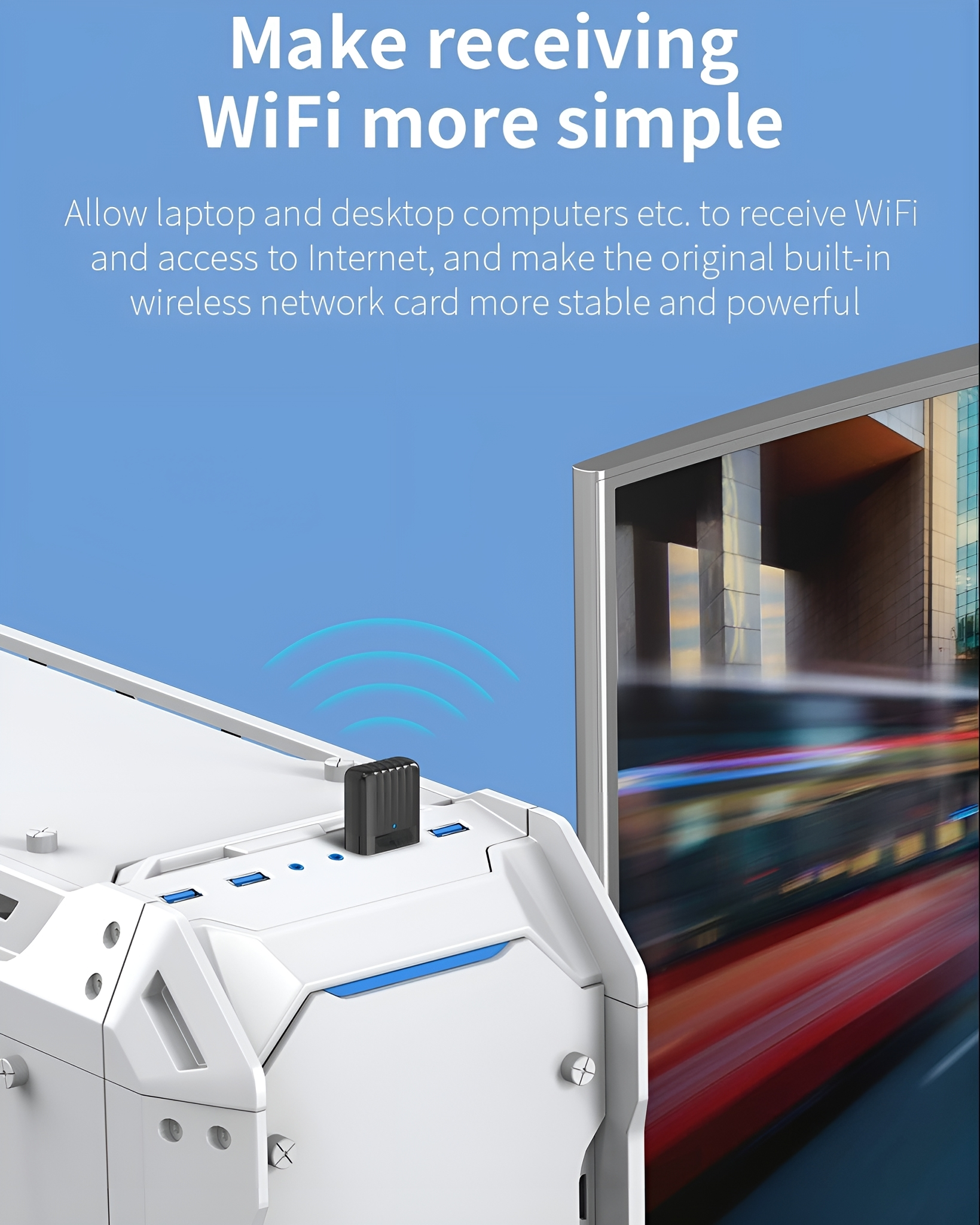 Computerkomponenten, ein WLAN-Adapter und ein Hintergrund mit blauen und roten Farben.