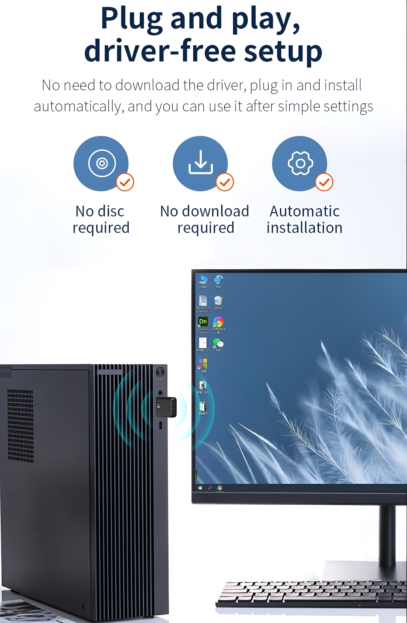 Ein Desktop mit Computer und Monitor. Text besagt 'Plug and play'. Symbole repräsentieren Funktionen.