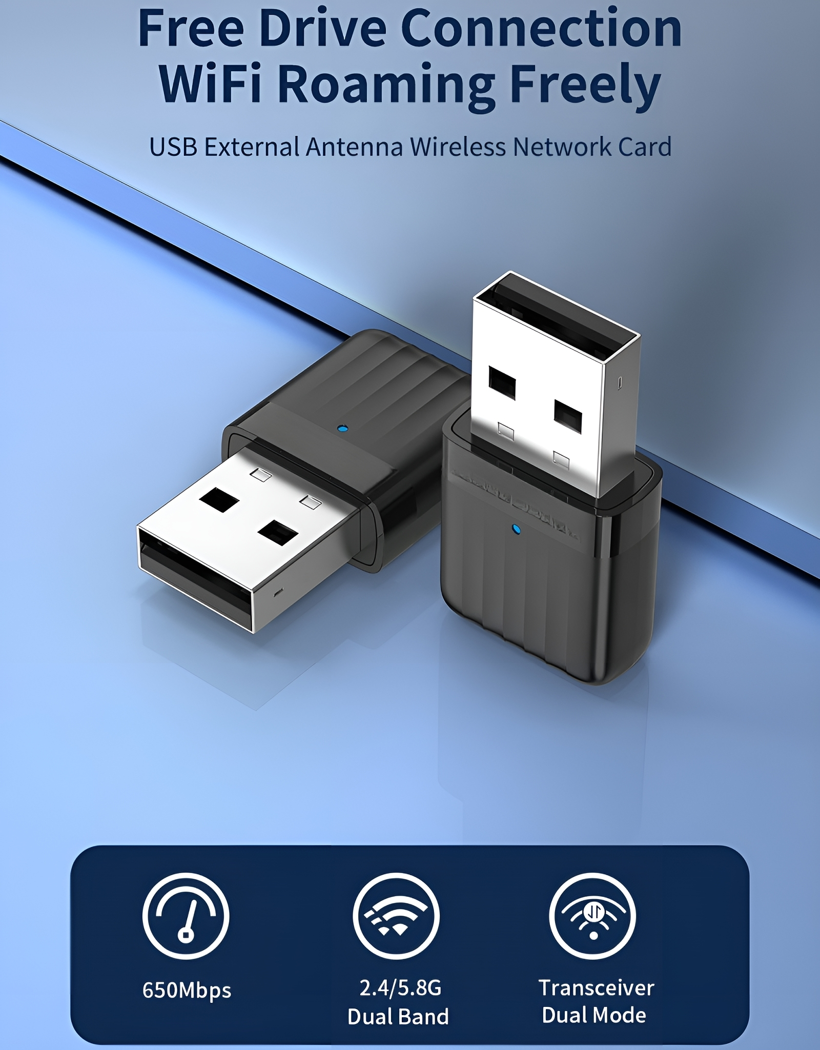 Schwarzer USB-WLAN-Netzwerkadapter mit USB-Anschluss und blauen Kontrollleuchten.