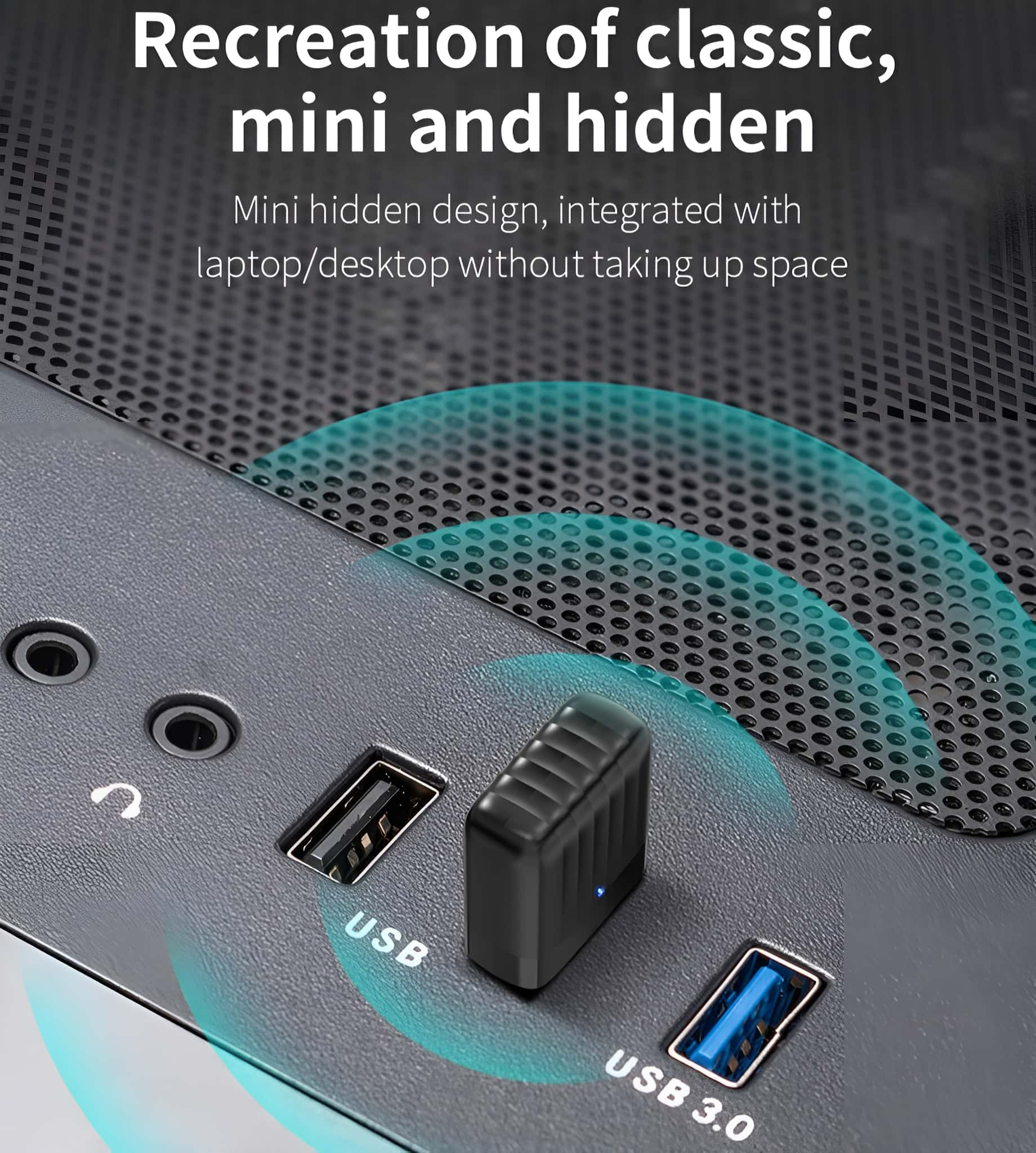 Ein schwarzer USB-Empfänger, der in einen USB-Anschluss gesteckt ist.