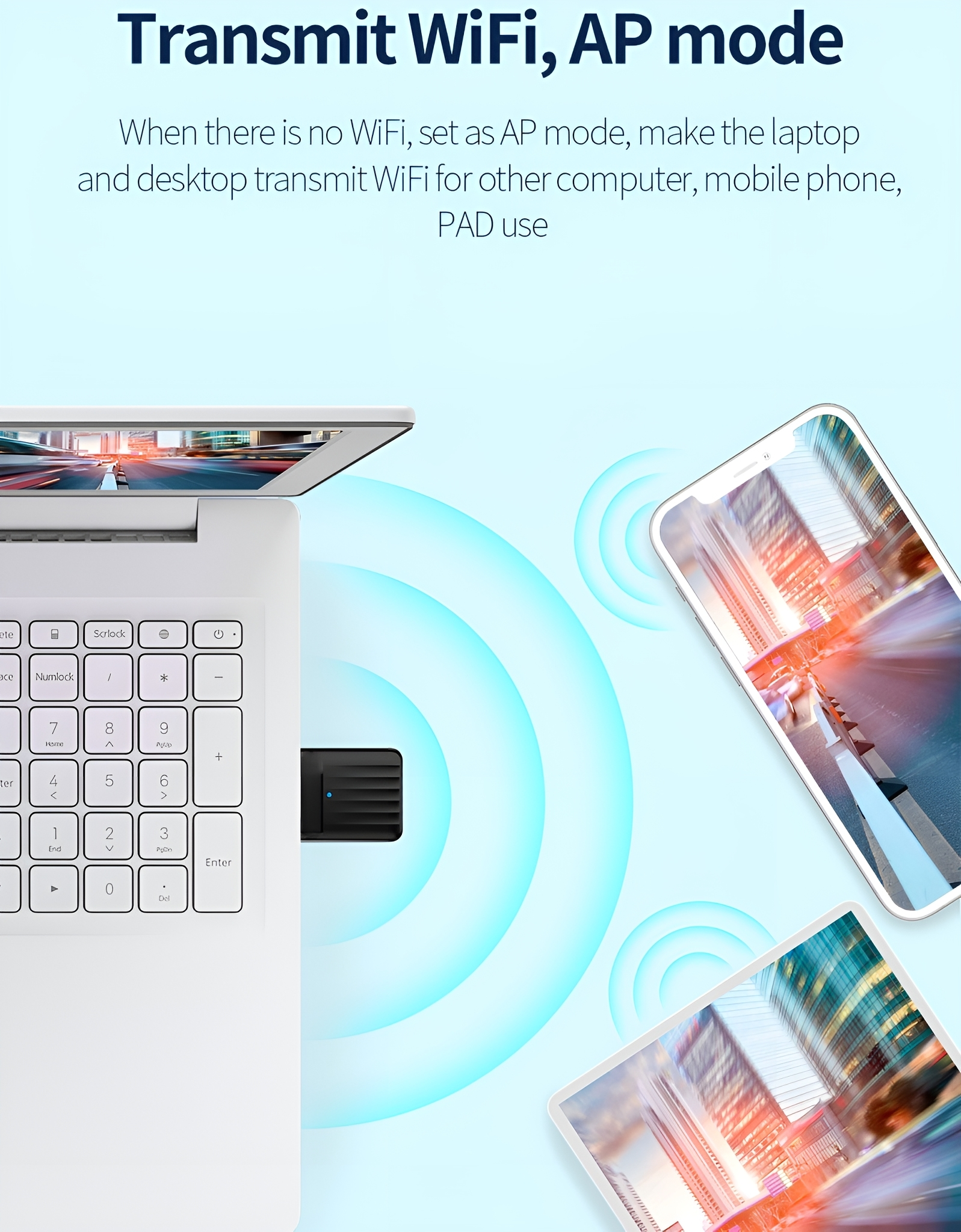 Ein Laptop, ein Mobiltelefon und ein Tablet. Sie sind über WLAN verbunden. Der Laptop ist weiß.
