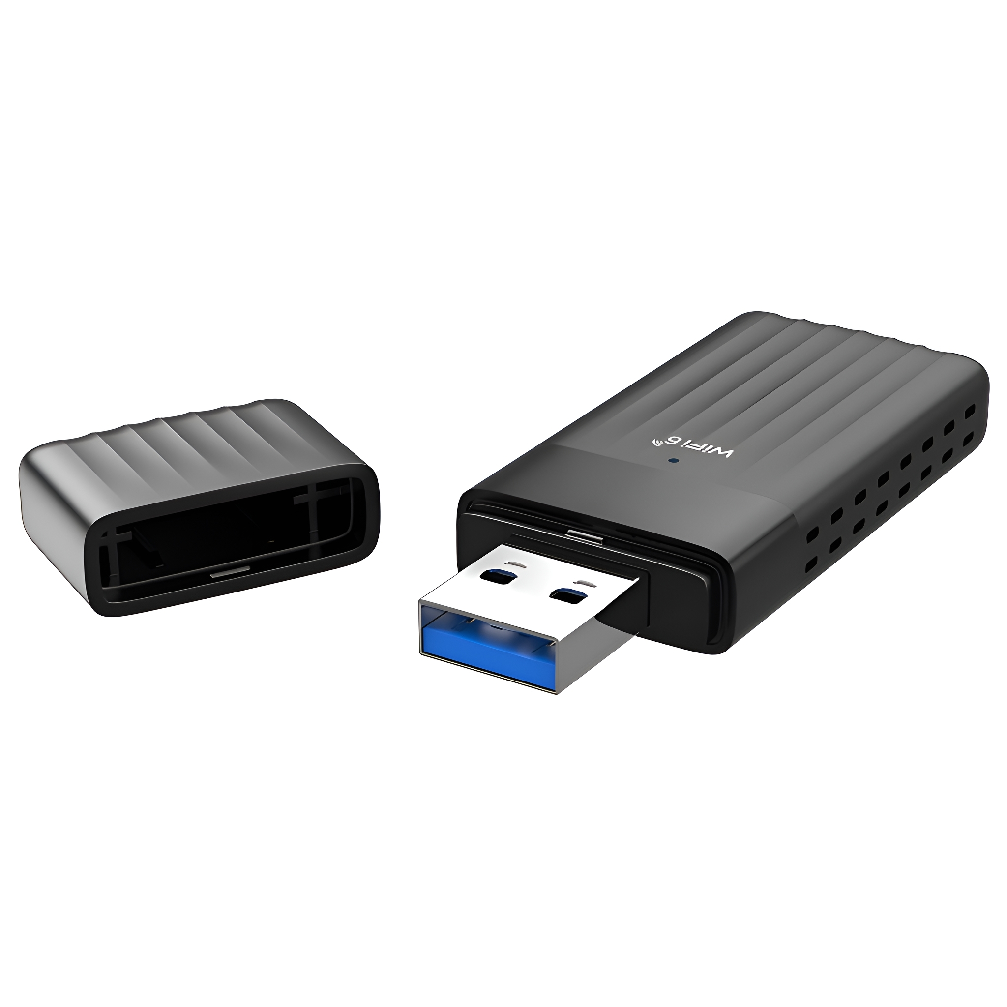Schwarzer USB-WLAN-Adapter mit Kappe und USB-Anschluss.