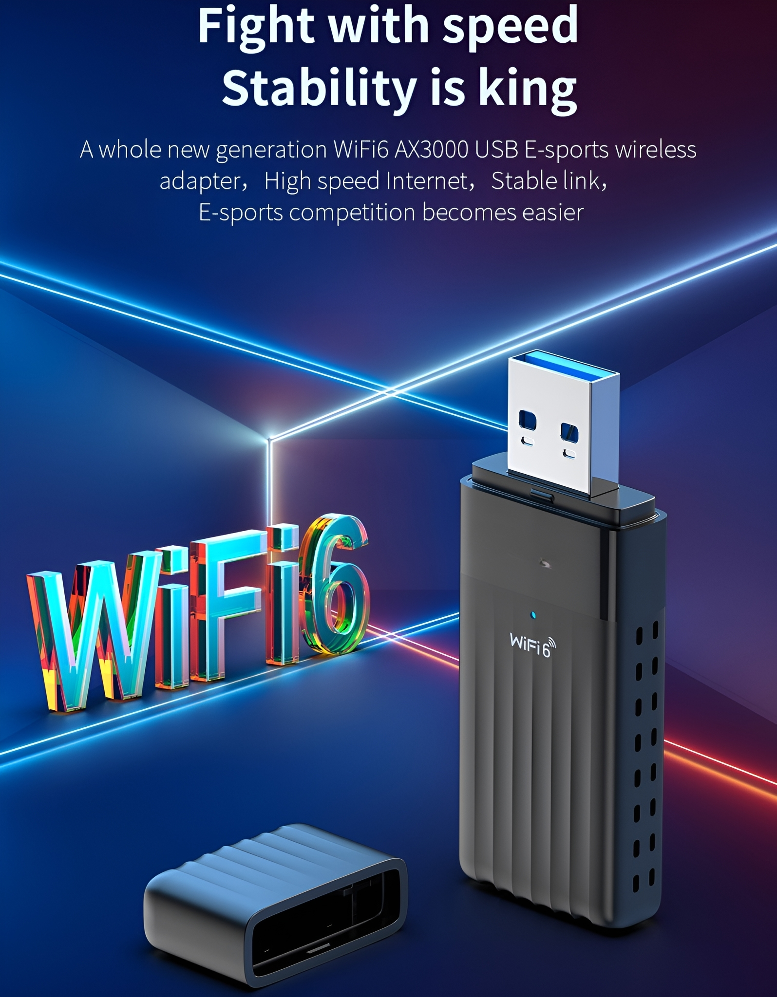 WLAN-Adapter mit Text: WiFi6. Blauer und roter Hintergrund mit Neonlichtern.