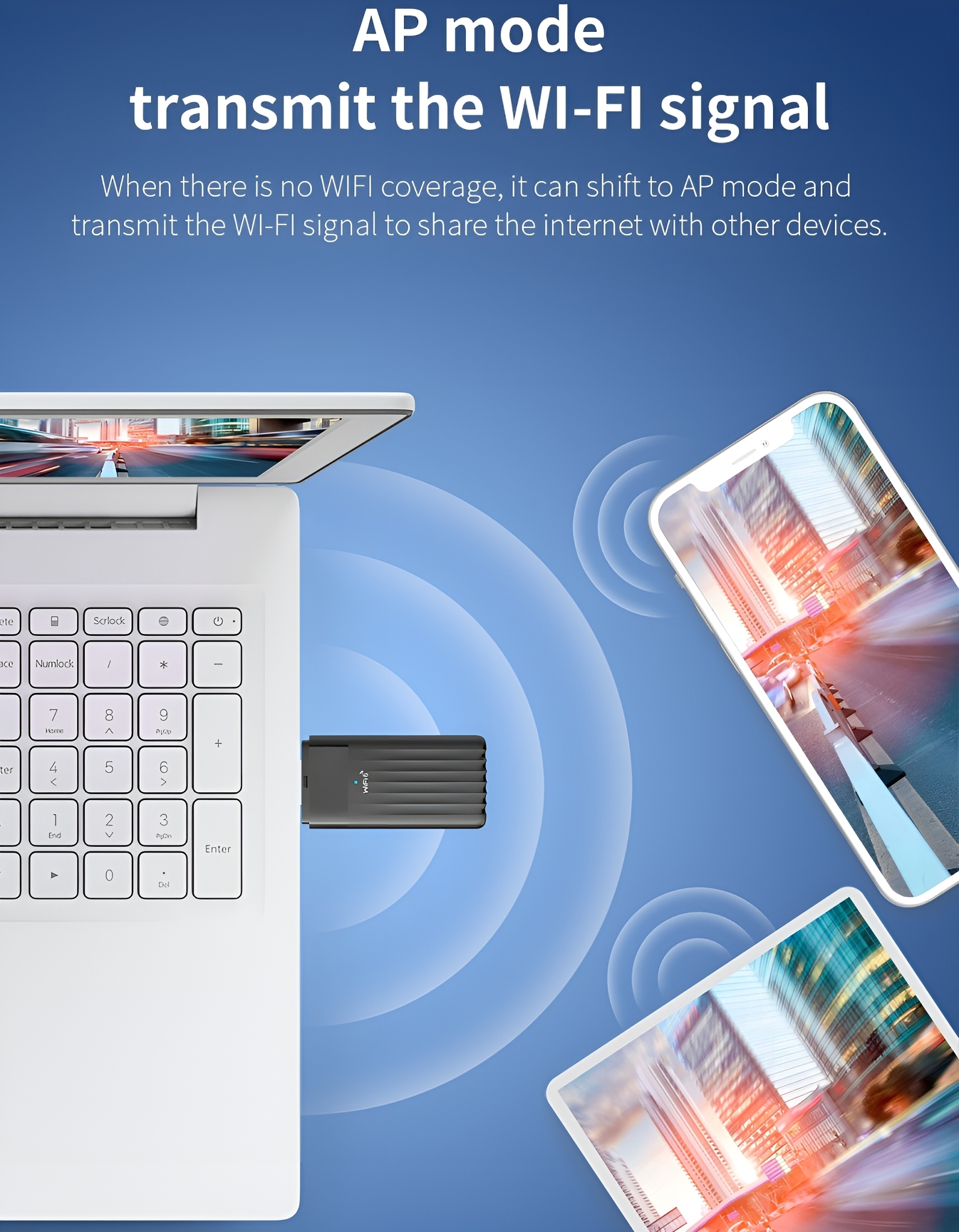 Laptop, Tablet und Smartphone, die Informationen zur Wi-Fi-Übertragung anzeigen.