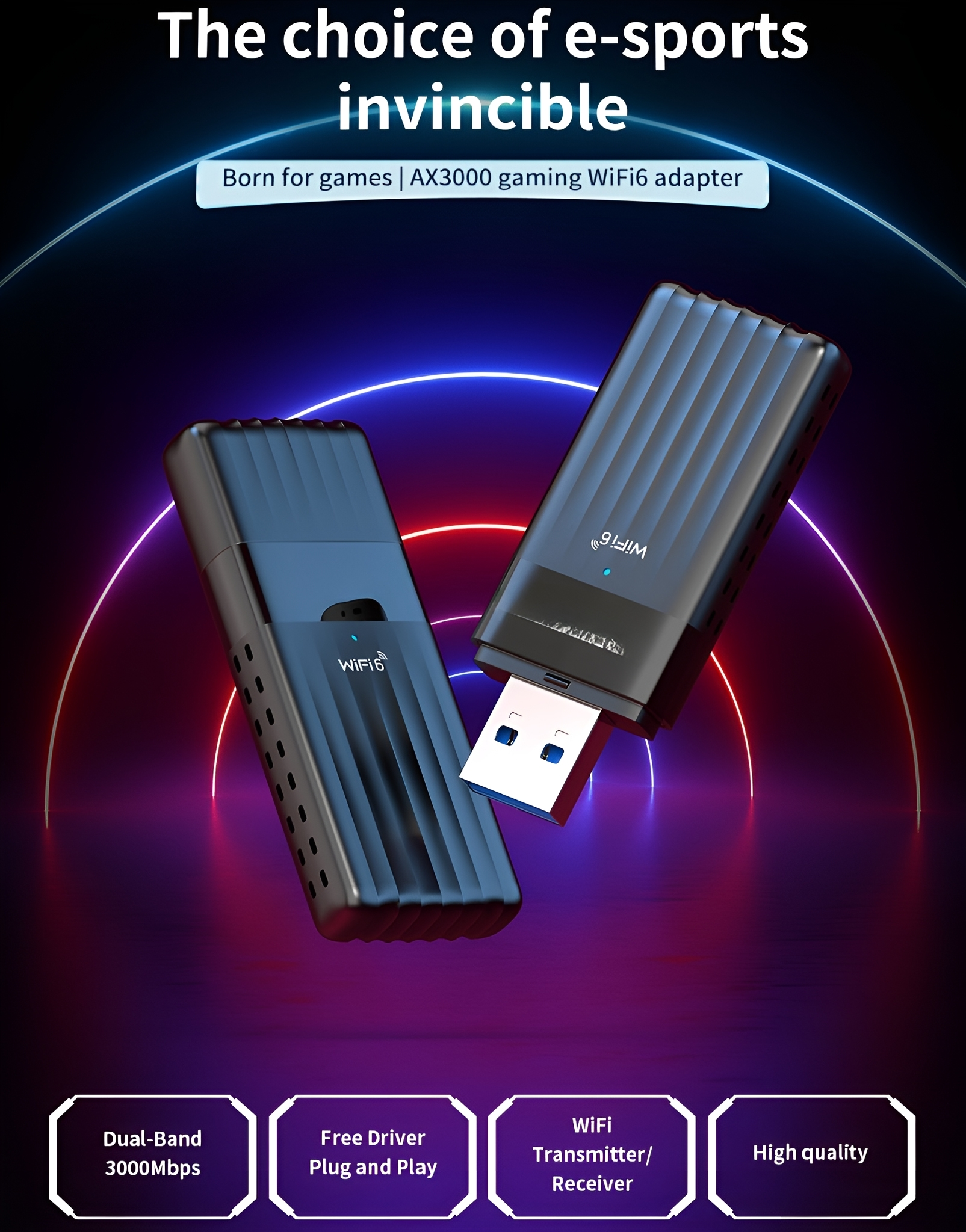 Zwei WLAN-Adapter mit USB-Anschluss. Werbebild mit Text, blaue und rosa Lichter.