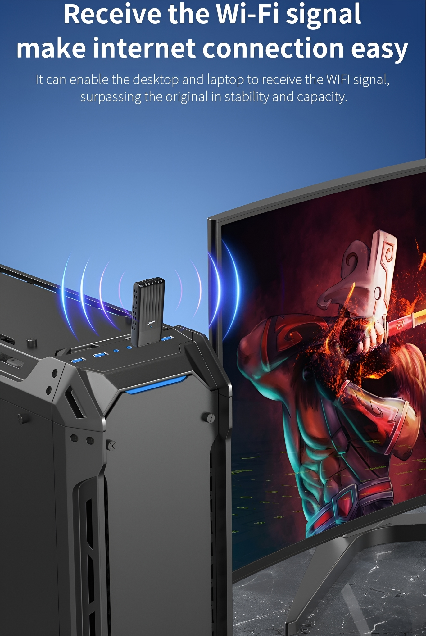 Ein schwarzer Computerturm verbindet sich mit einem Monitor, der eine Person mit einem Schwert zeigt. Text: 'Receive Wi-Fi signal'.