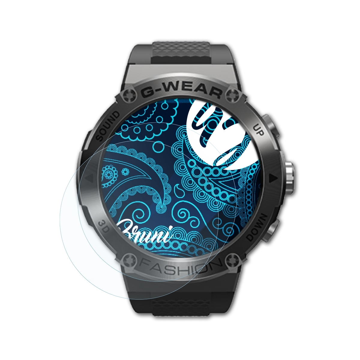 Smartwatch mit Displayschutz. Die Uhr zeigt blaue Grafik. Auf dem Bildschirm liegt ein klarer Schutz.