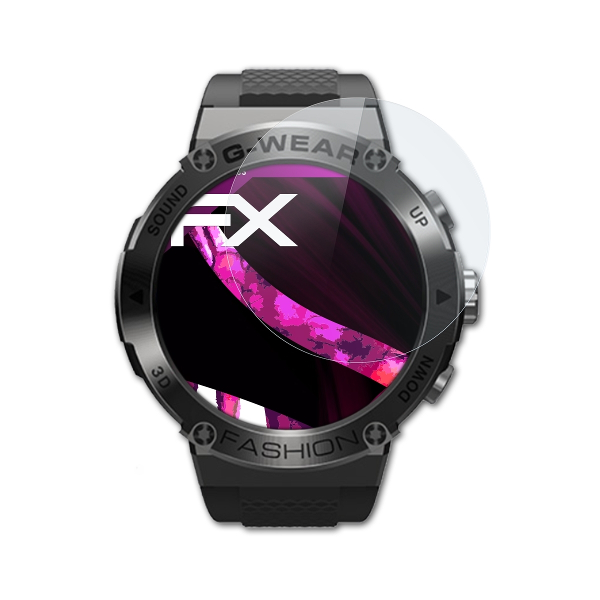 Eine Smartwatch mit Displayschutz, die ein rosa und lila Design auf dem Bildschirm zeigt.