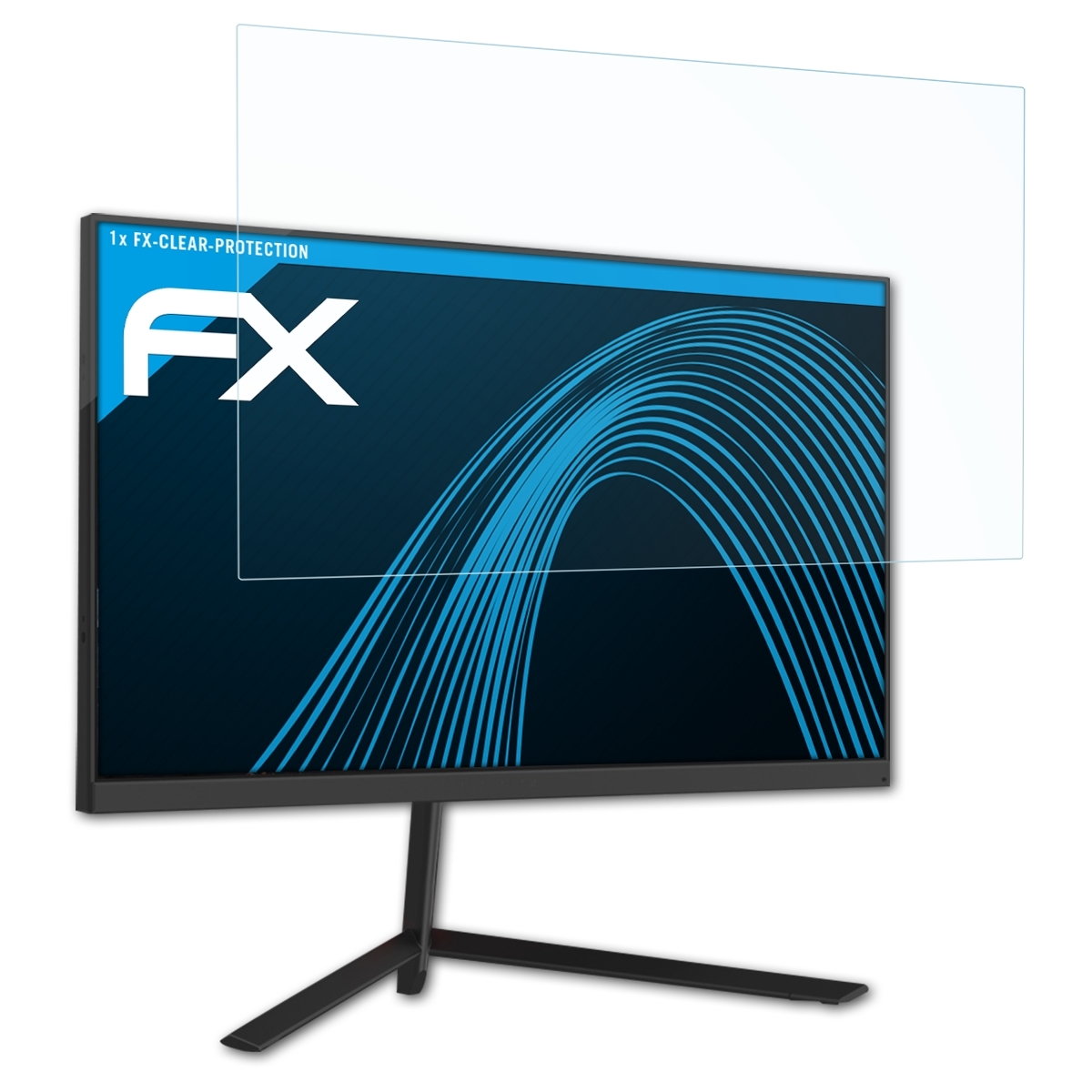 Computermonitor mit Displayschutz. Der Bildschirm zeigt das FX-Logo. Schutzfolie ist auf dem Monitor.