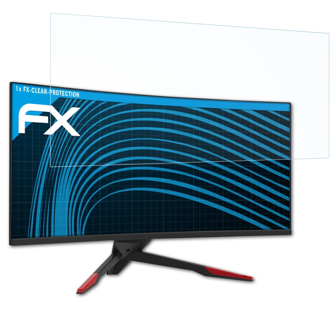 Gewölbter Monitor mit Displayschutzfolie. Der Bildschirm zeigt ein Bild mit Logo.