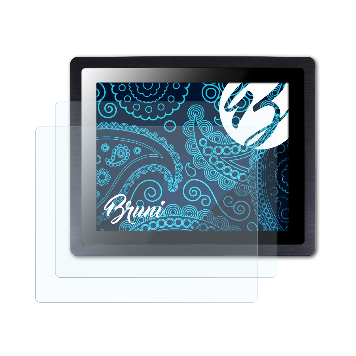 Ein Tablet mit Displayschutzfolie, das ein Design mit dem Namen 'Bruni' auf dem Bildschirm zeigt.