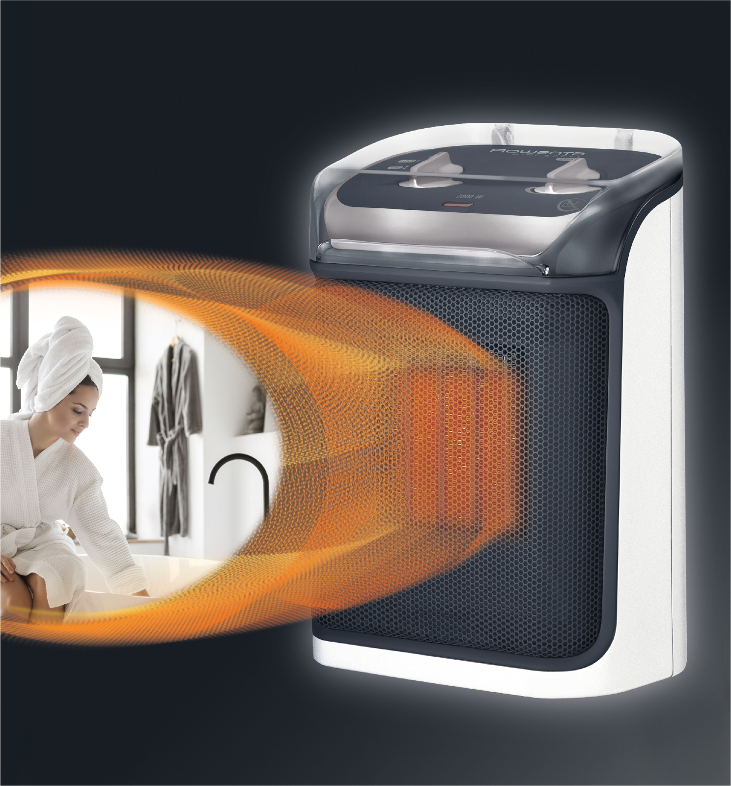 Biała i ciemnoszara grzałka z pomarańczowymi elementami grzewczymi i kobietą w łazience.