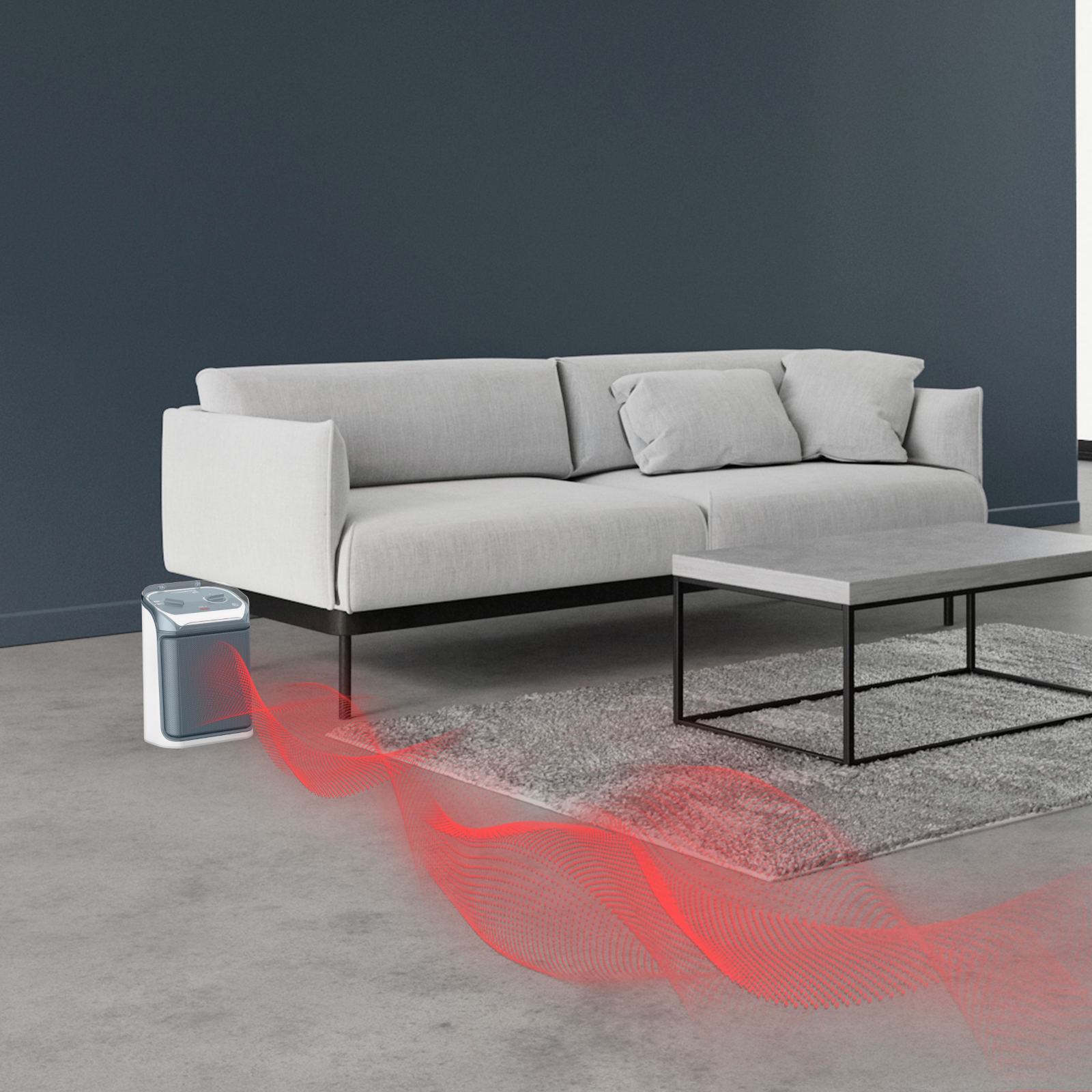 Pokój z sofą, stołem i grzejnikiem z czerwonymi falistymi liniami.