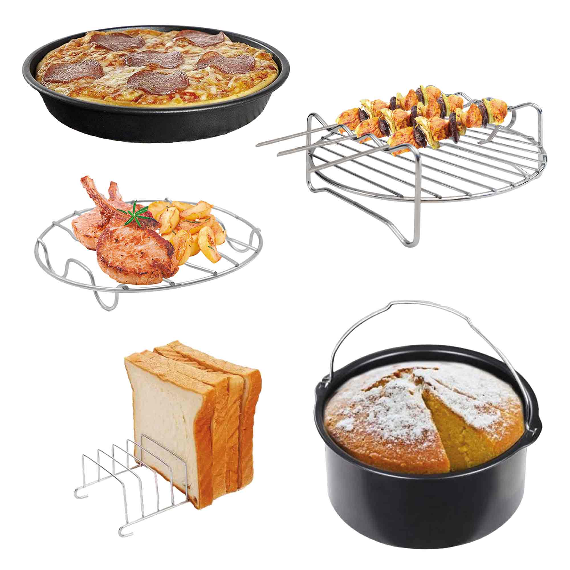 Varios tipos de alimentos como pizza, kebab, comida frita, pan y pastel en diferentes utensilios de cocina.