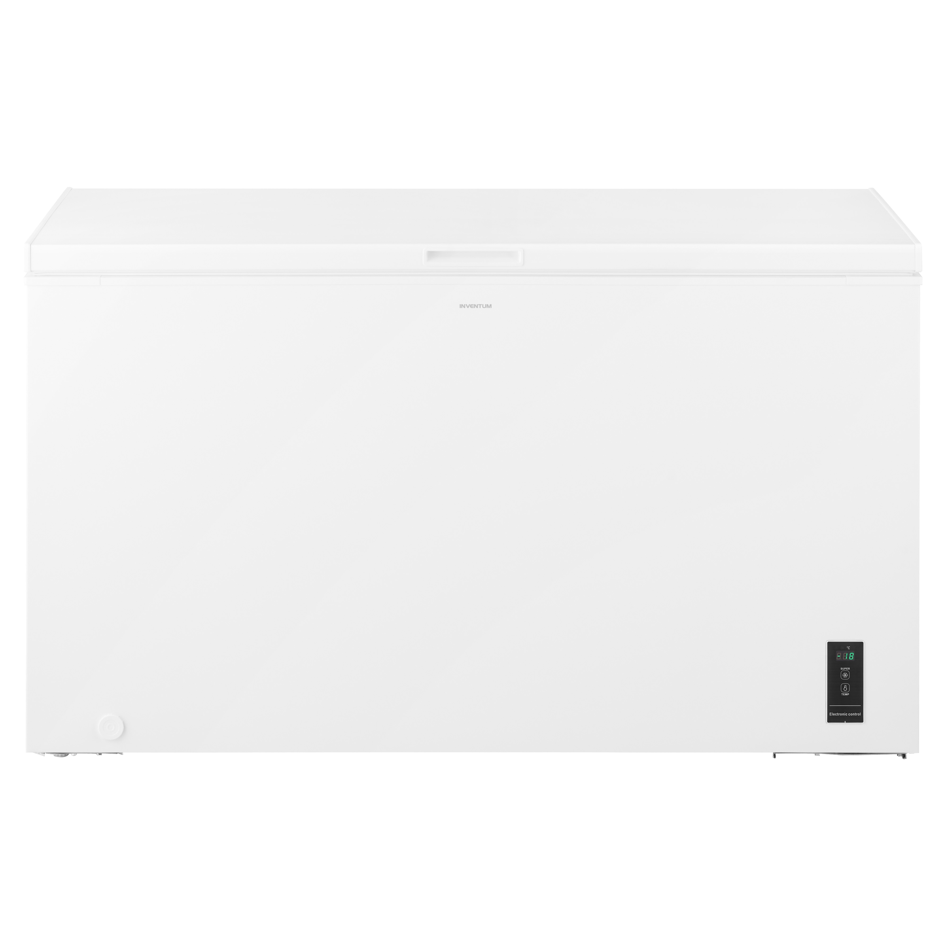 White chest freezer with a handle and a digital display on the front. It's on a white background.