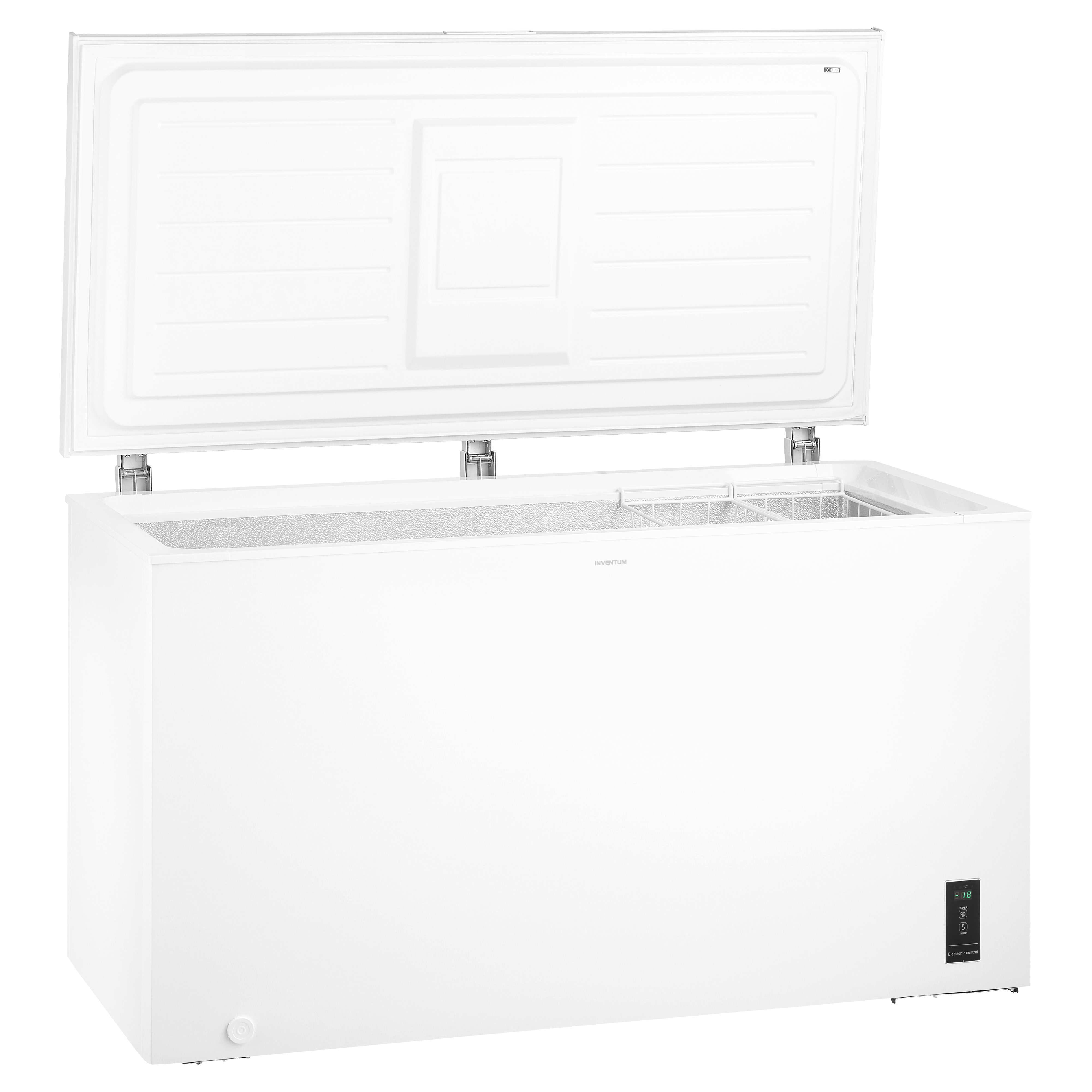 A white chest freezer with its lid open, showing the inside compartments, white background.