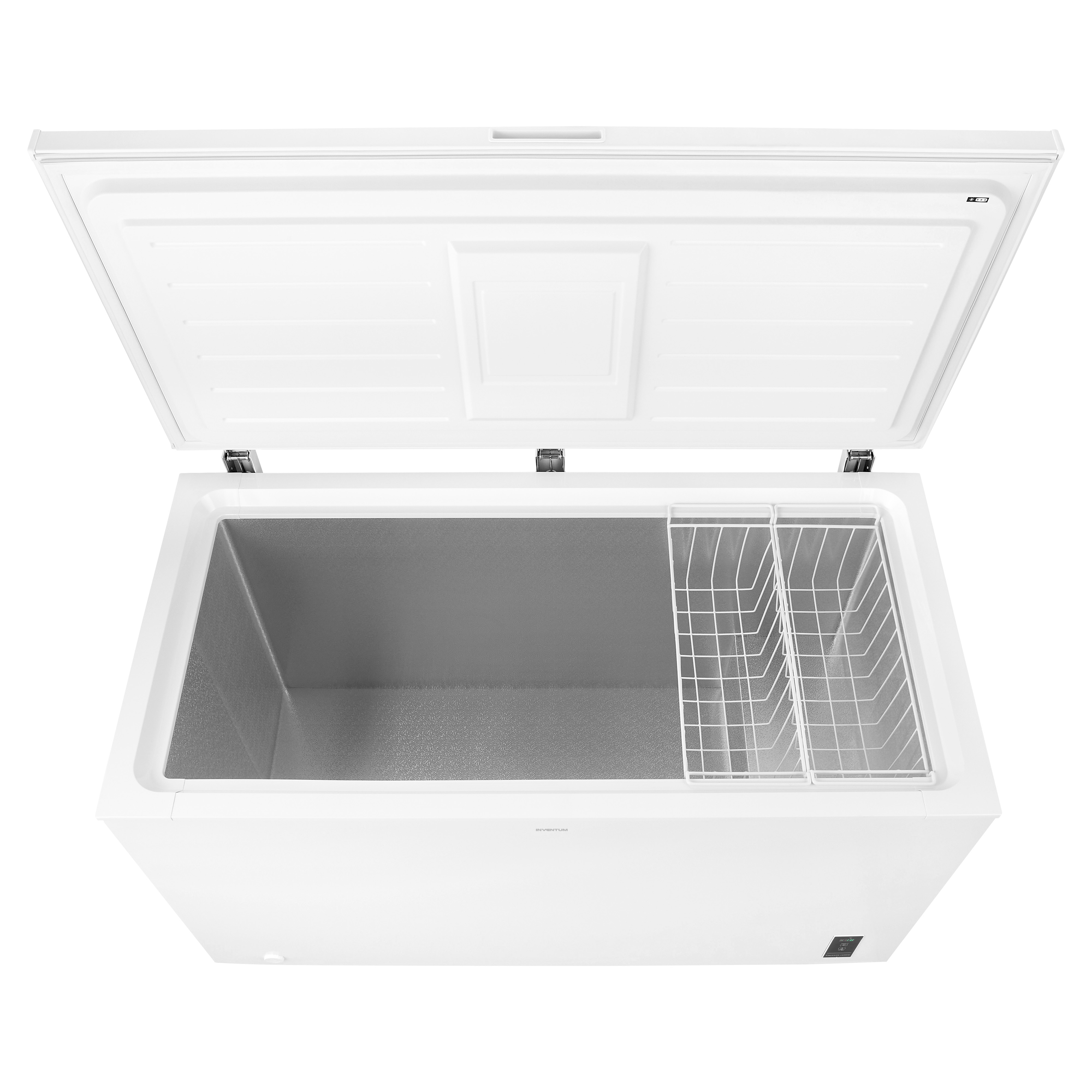 A white chest freezer with the lid open. Inside, there is a wire basket and a grey interior.