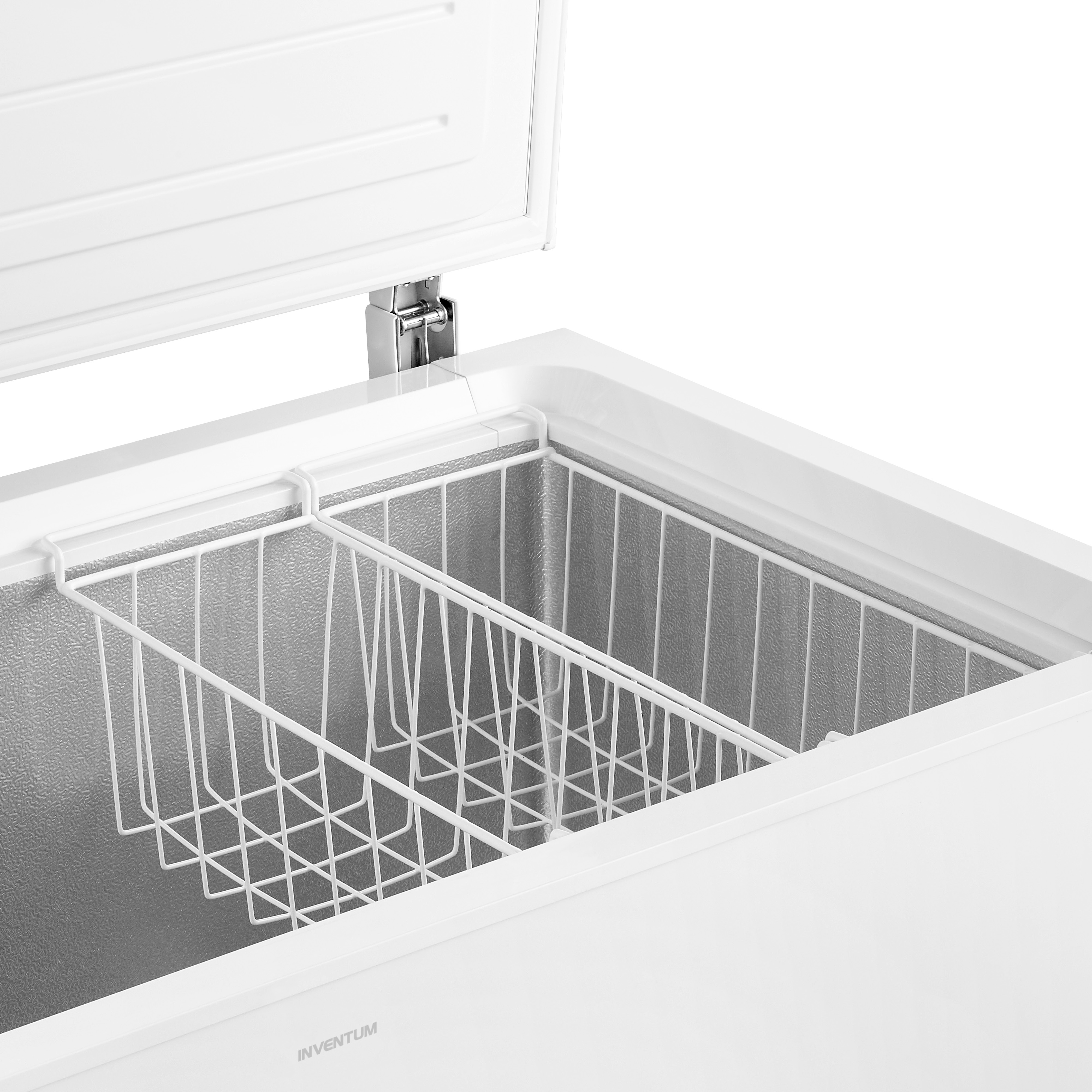 White chest freezer, open. Displays interior with wire baskets, against a white, clean backdrop.