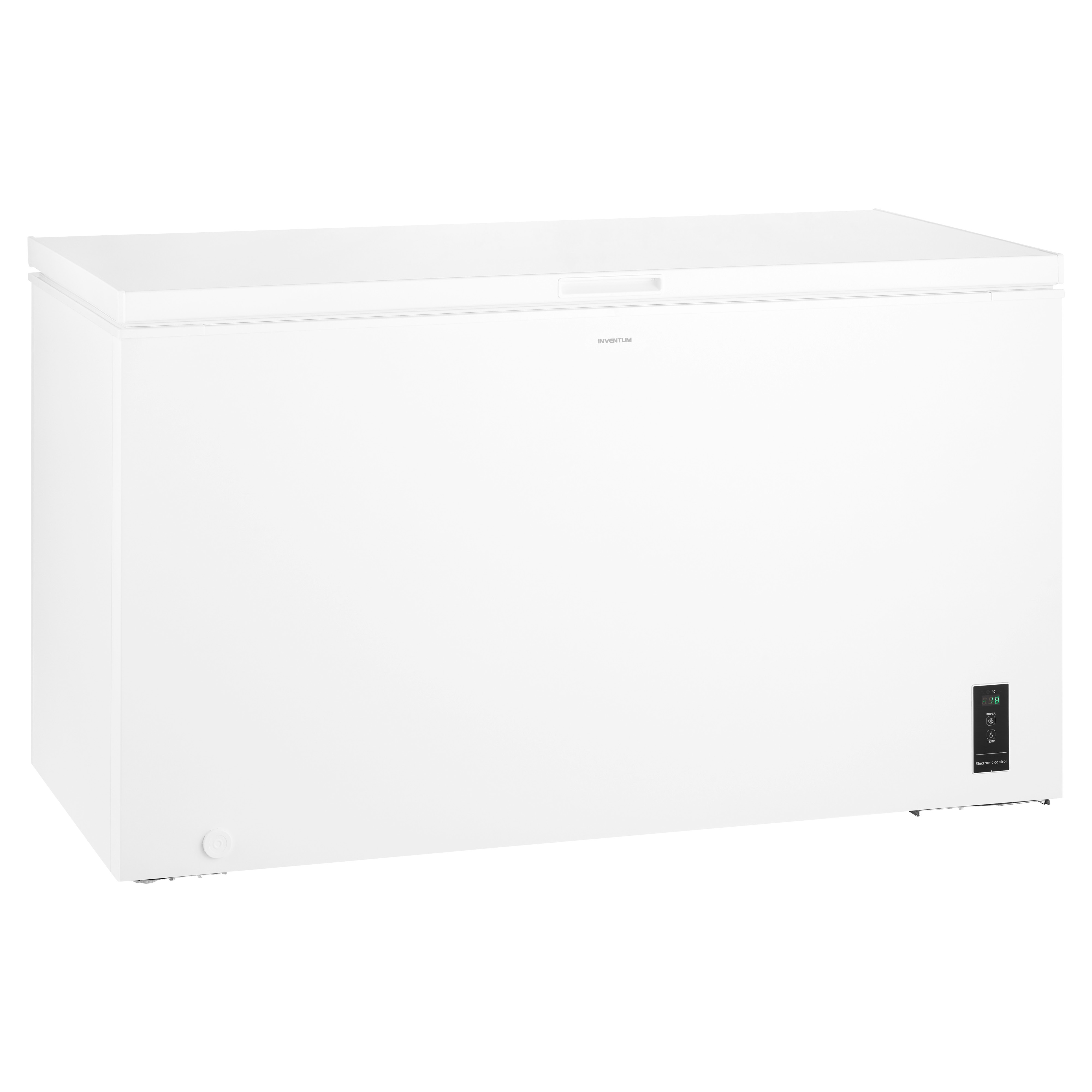 White chest freezer with a lid closed. A small display is on the bottom right.