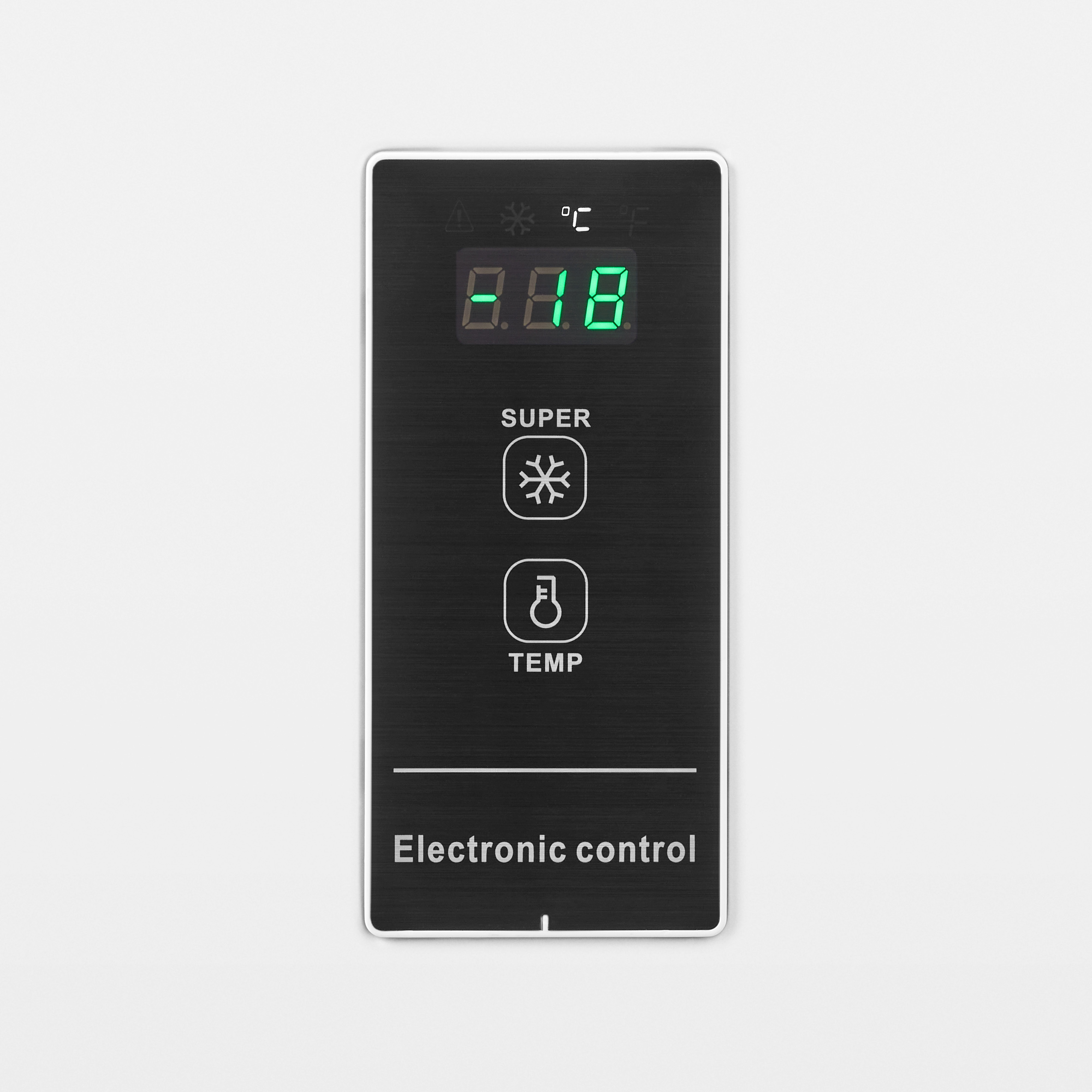 Electronic control panel, black with white border. Displays temperature and control options.