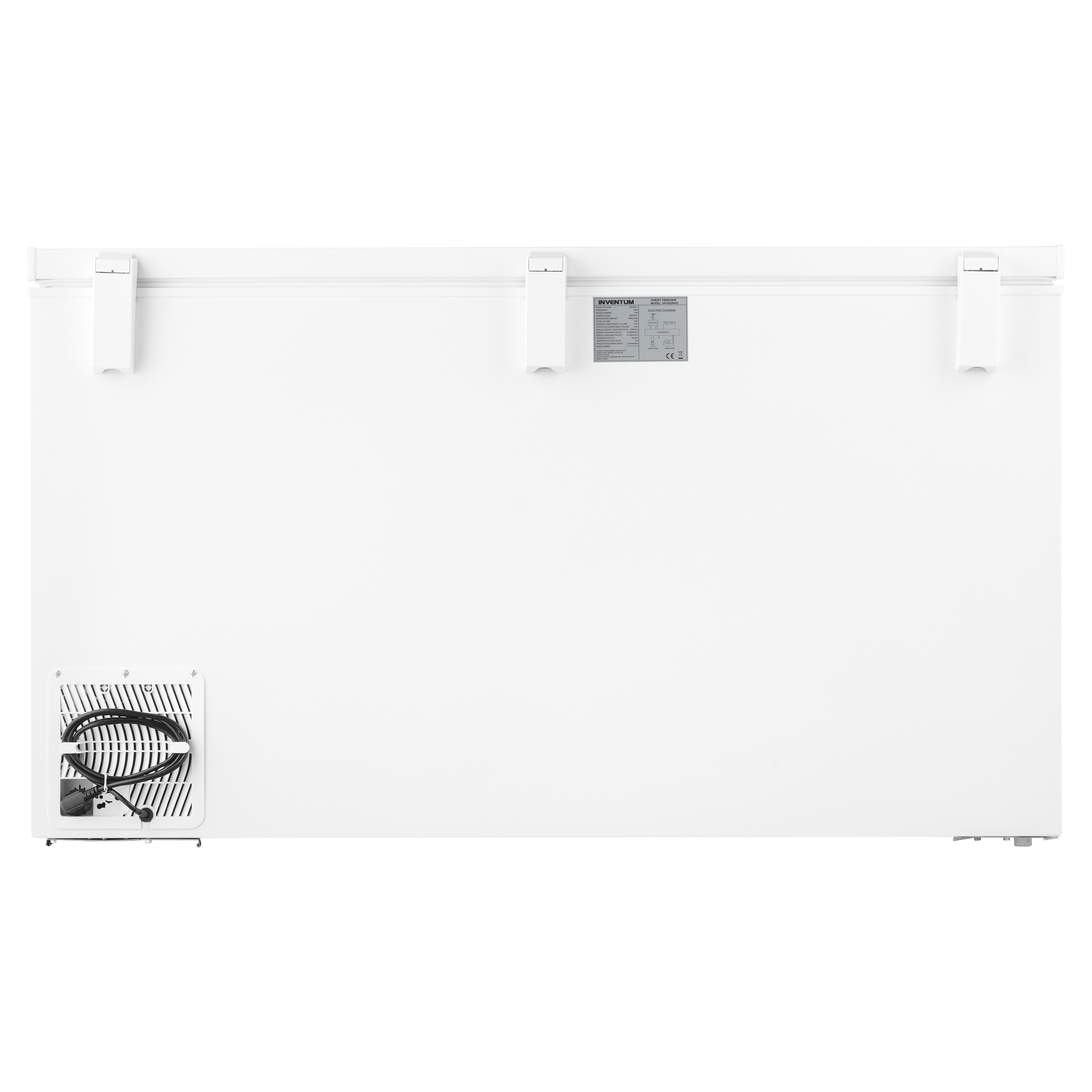 A white chest freezer with a cooling unit on the back.
