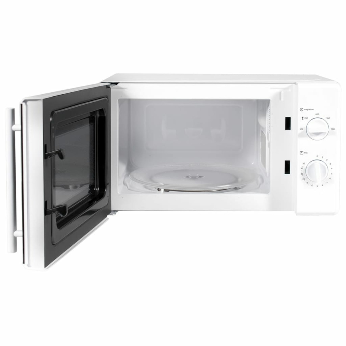 Een witte magnetron met de deur open. Een glazen plaat zit erin. Het bedieningspaneel is zichtbaar.