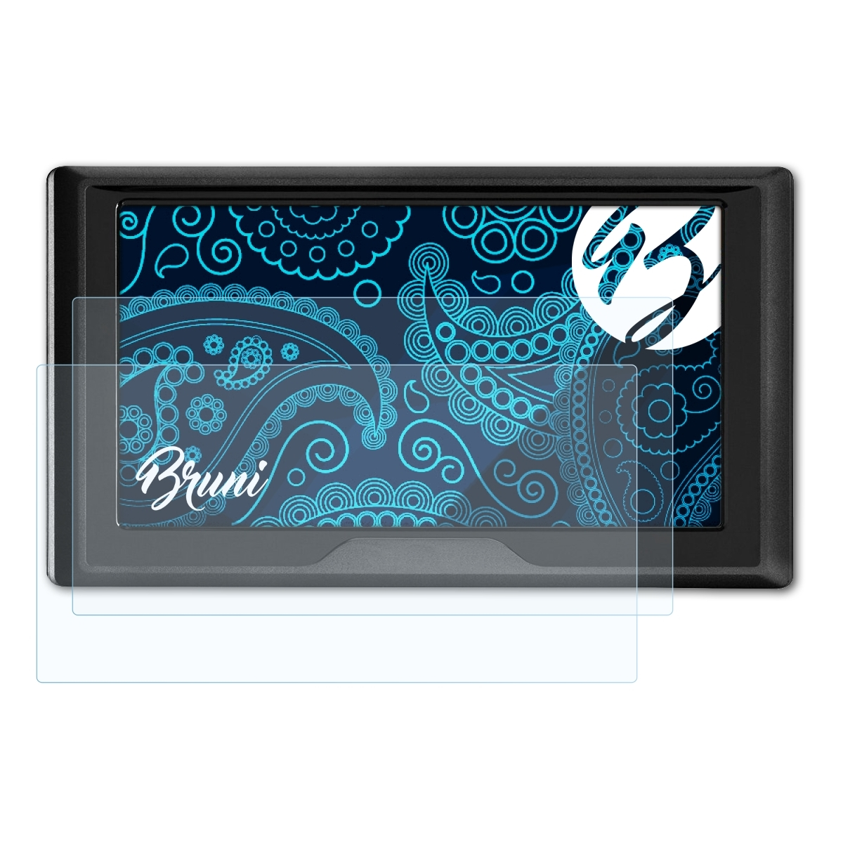Schwarzes Gerät mit Displayschutz. Bildschirm zeigt blaues Paisley-Design und Bruni-Logo. Weiße '65'-Grafik.