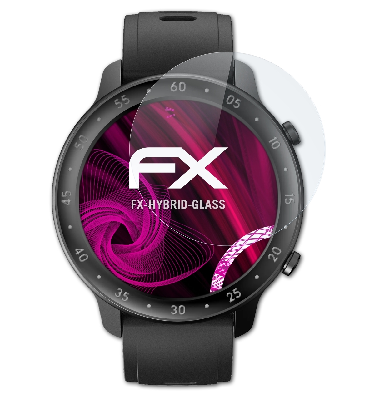 Smartwatch mit Displayschutz. Schwarze Uhr mit pink-weißem Grafikdesign.