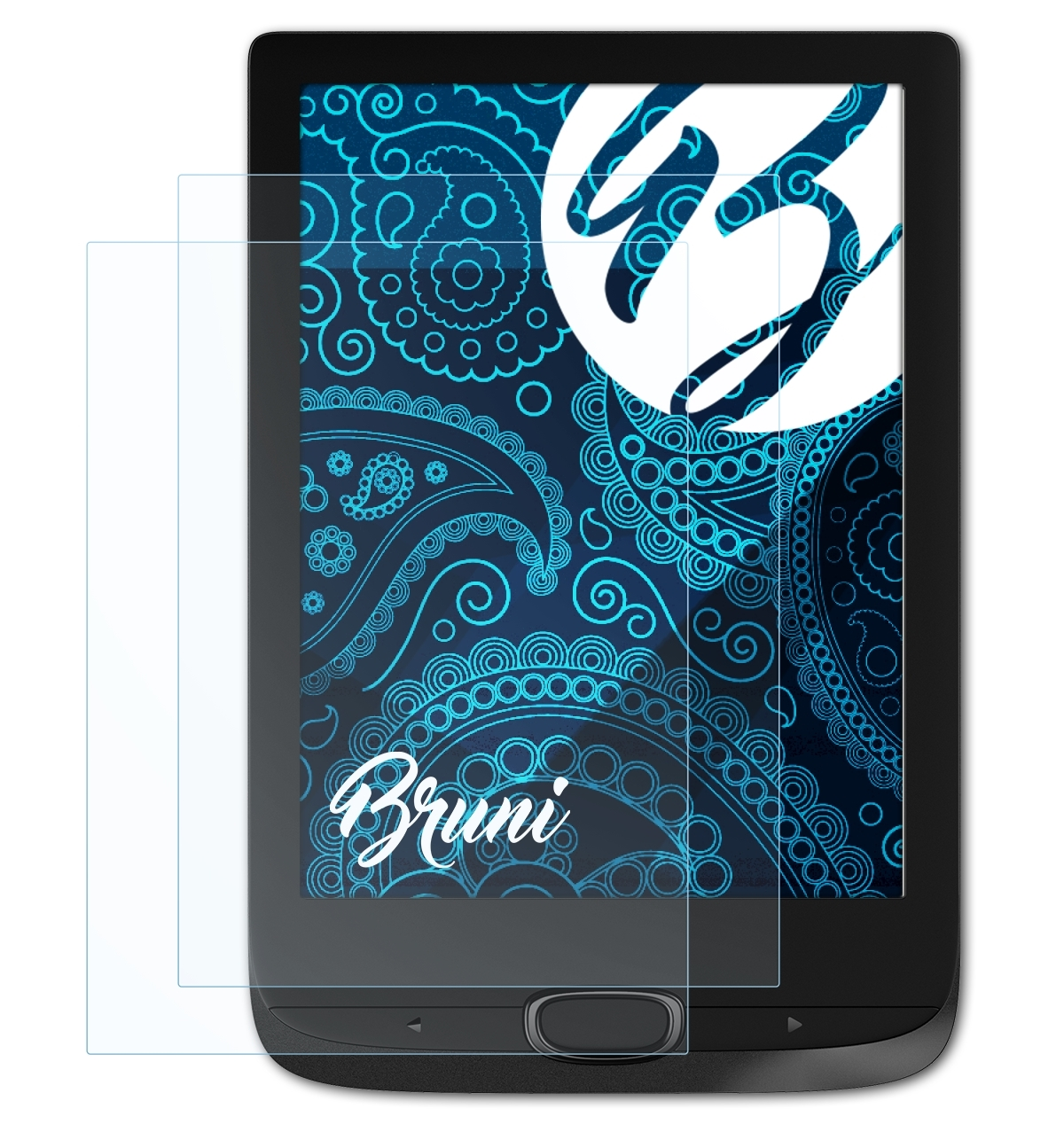 E-Reader mit angebrachten Displayschutzfolien, zeigt blaues Paisley-Muster auf dem Display.