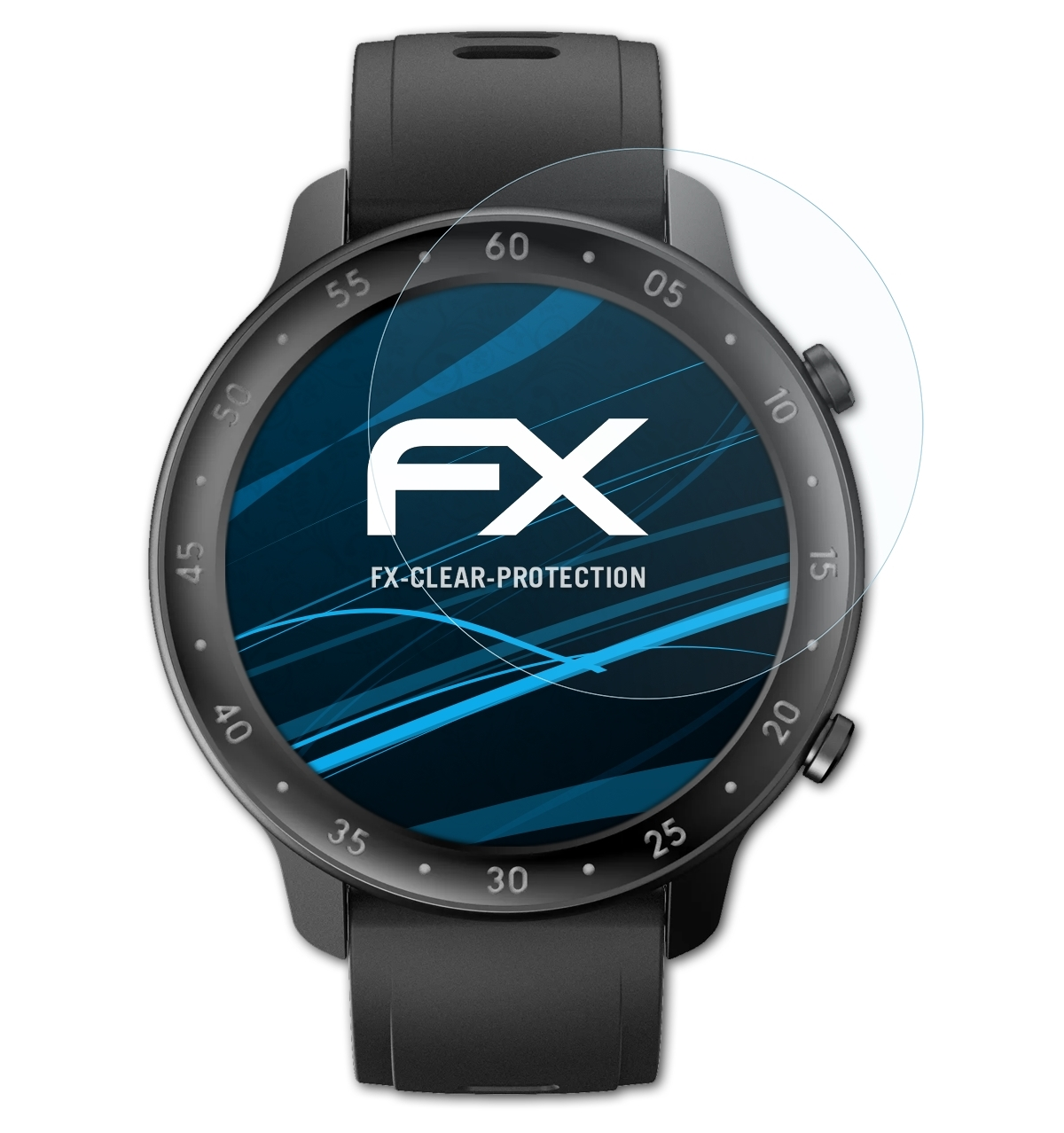 Schwarze Smartwatch mit Displayschutz. Bildschirm zeigt 'FX-CLEAR-PROTECTION'-Logo und blaue Formen.
