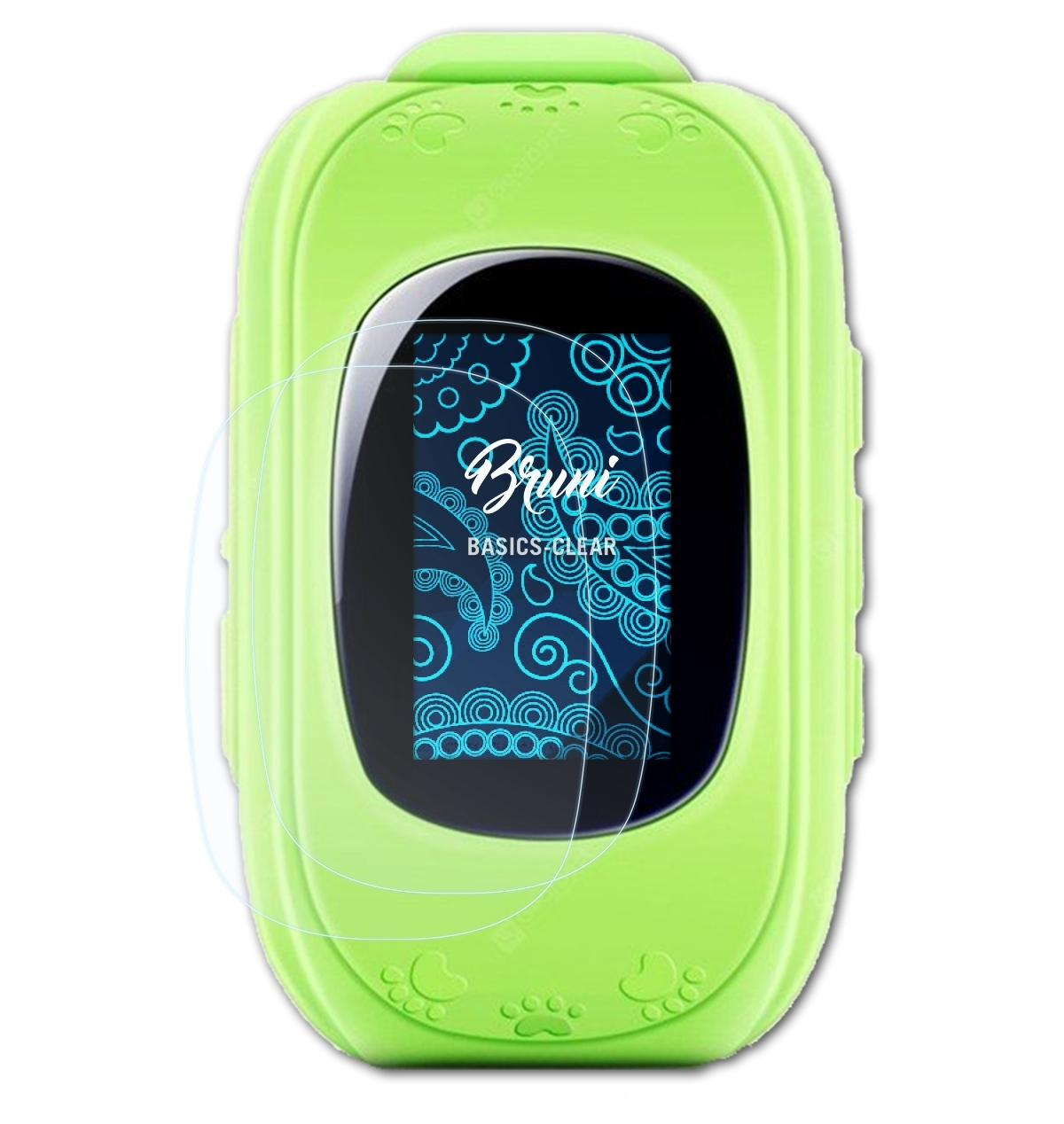Grüne Smartwatch mit Displayschutz, zeigt Bruni, Basics Clear Text und blaues Hintergrunddesign.