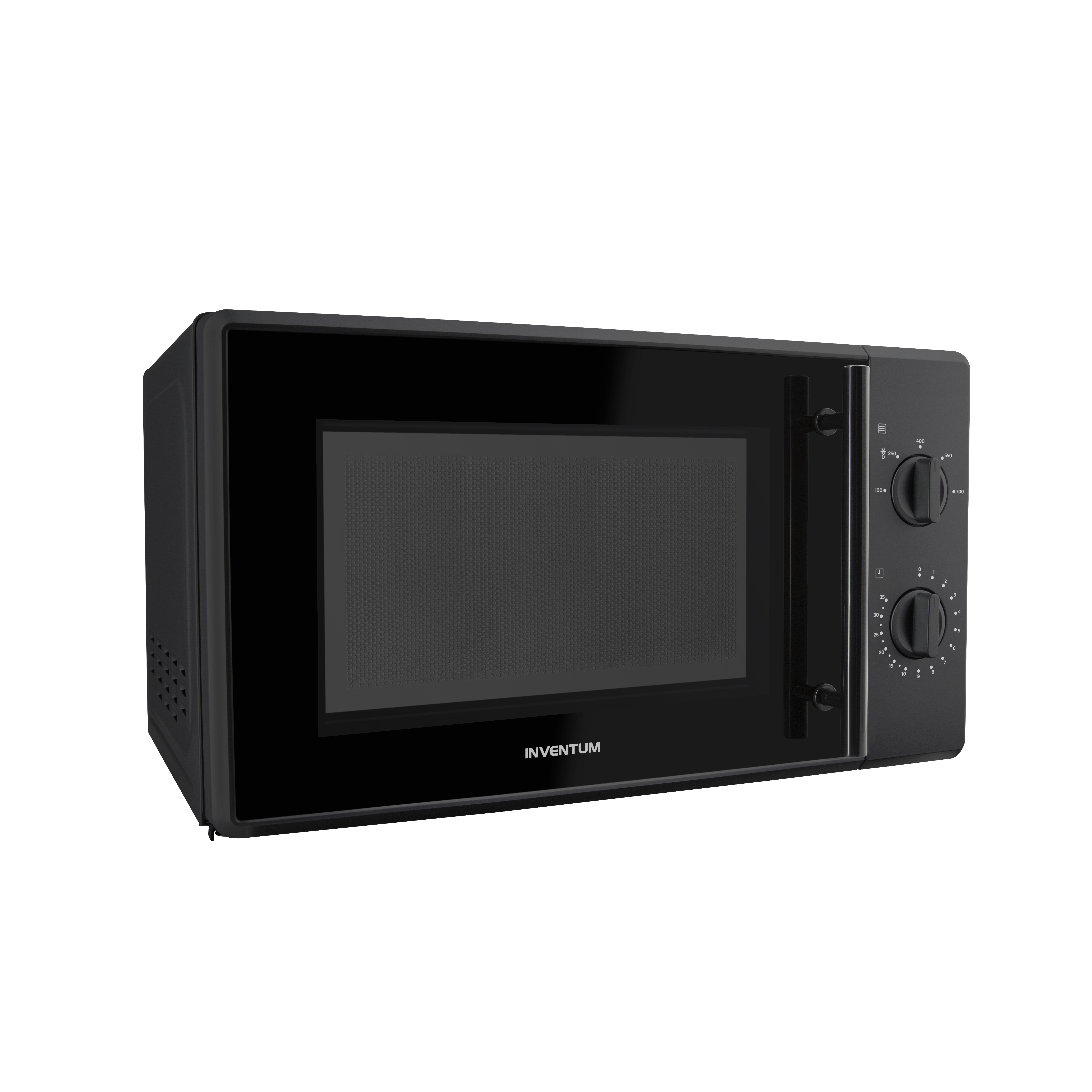 Zwarte magnetron met glazen deur en bedieningsknoppen rechts. Het merk is Inventum.