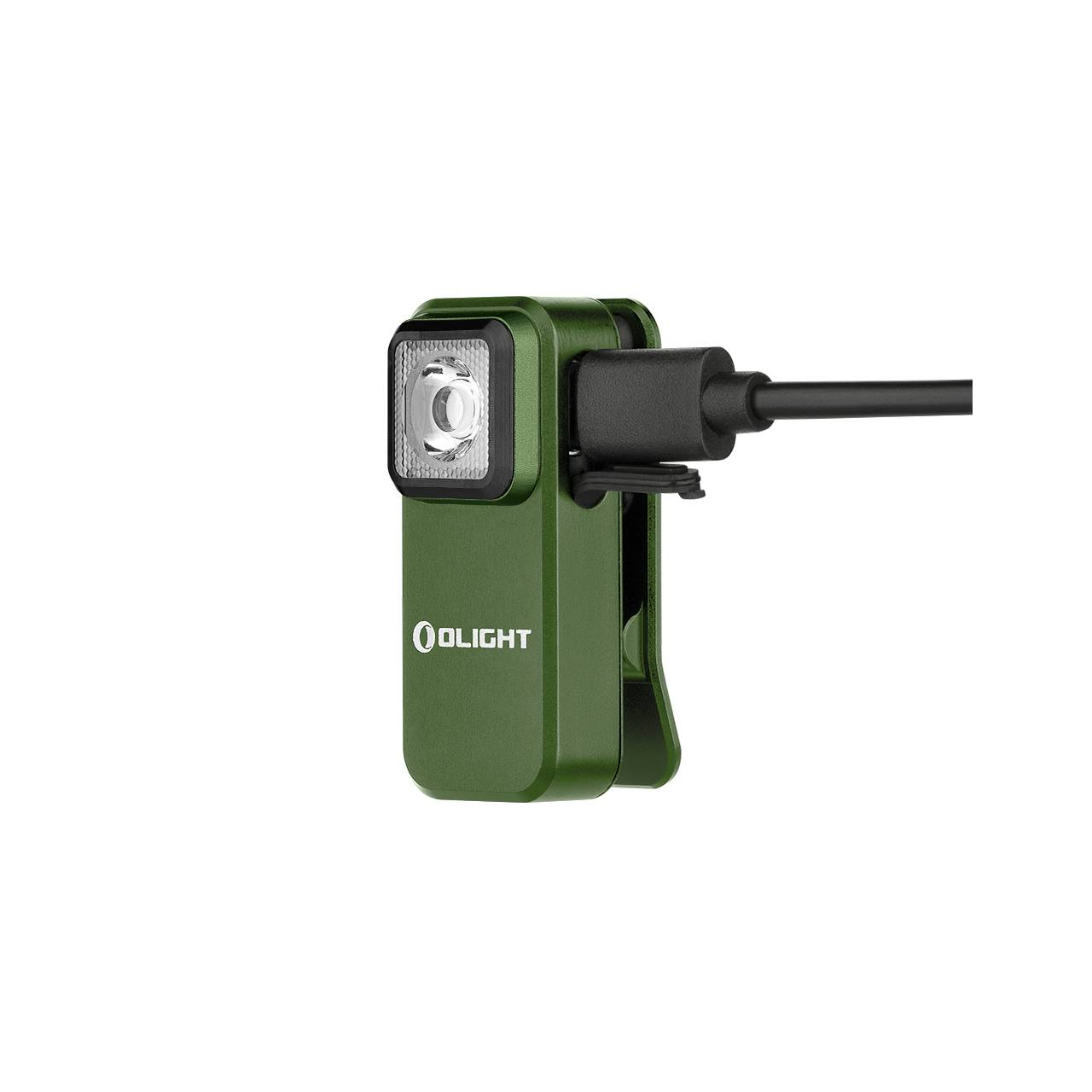 Lampe de poche Olight verte avec port de chargement, attachée à un clip, sur fond blanc.