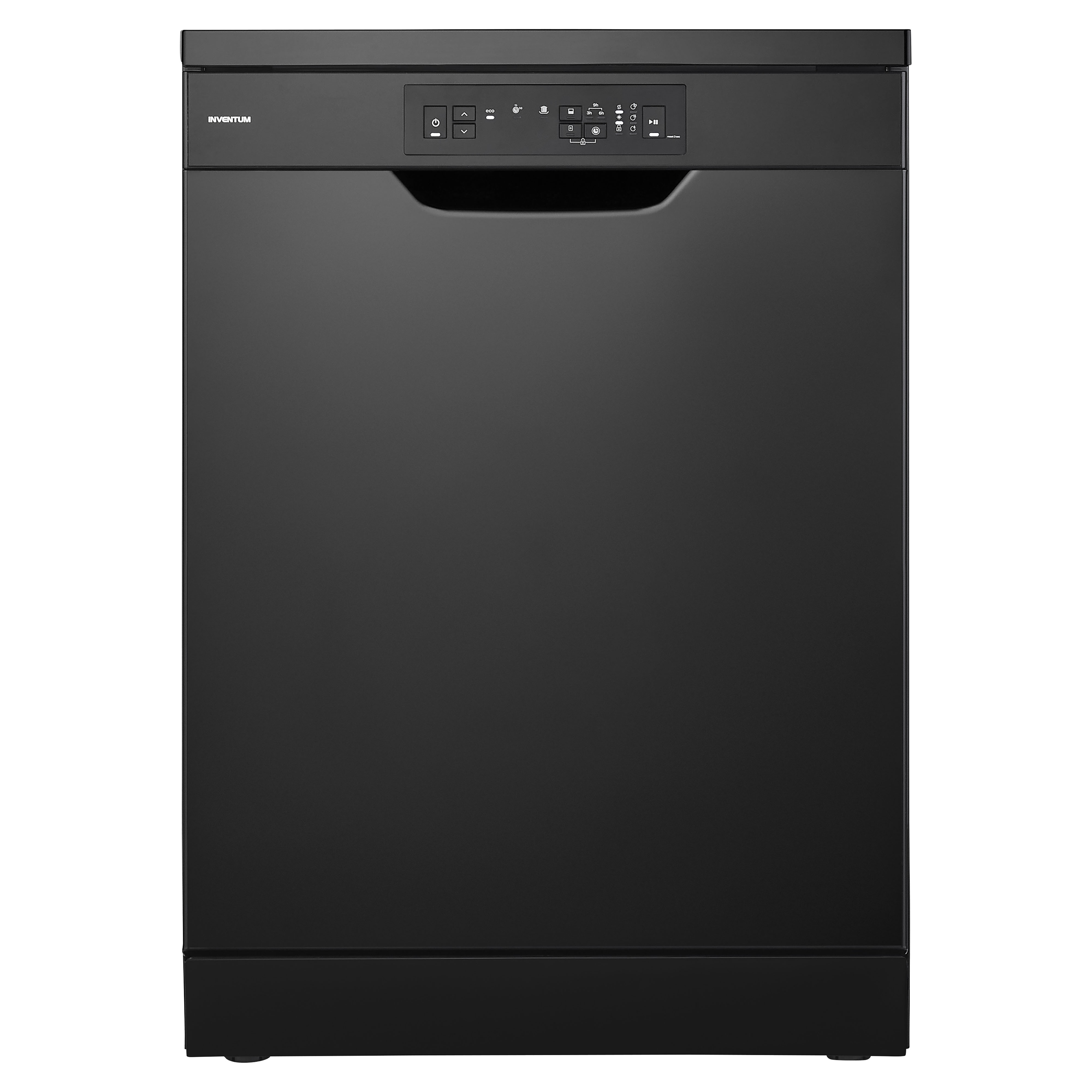 Black dishwasher with control panel. Front view.