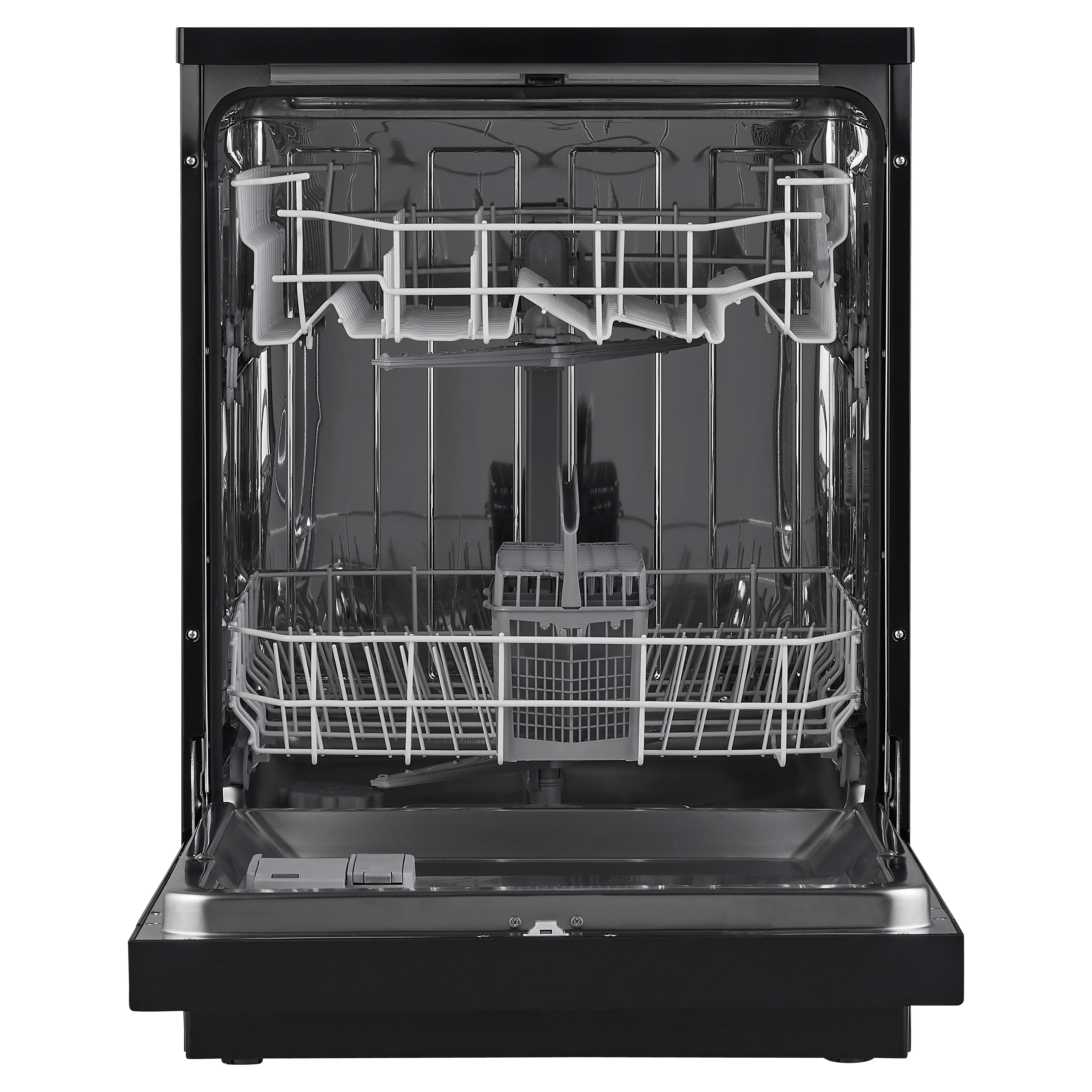 A black dishwasher with its door open, showing the interior with racks and sprayer.