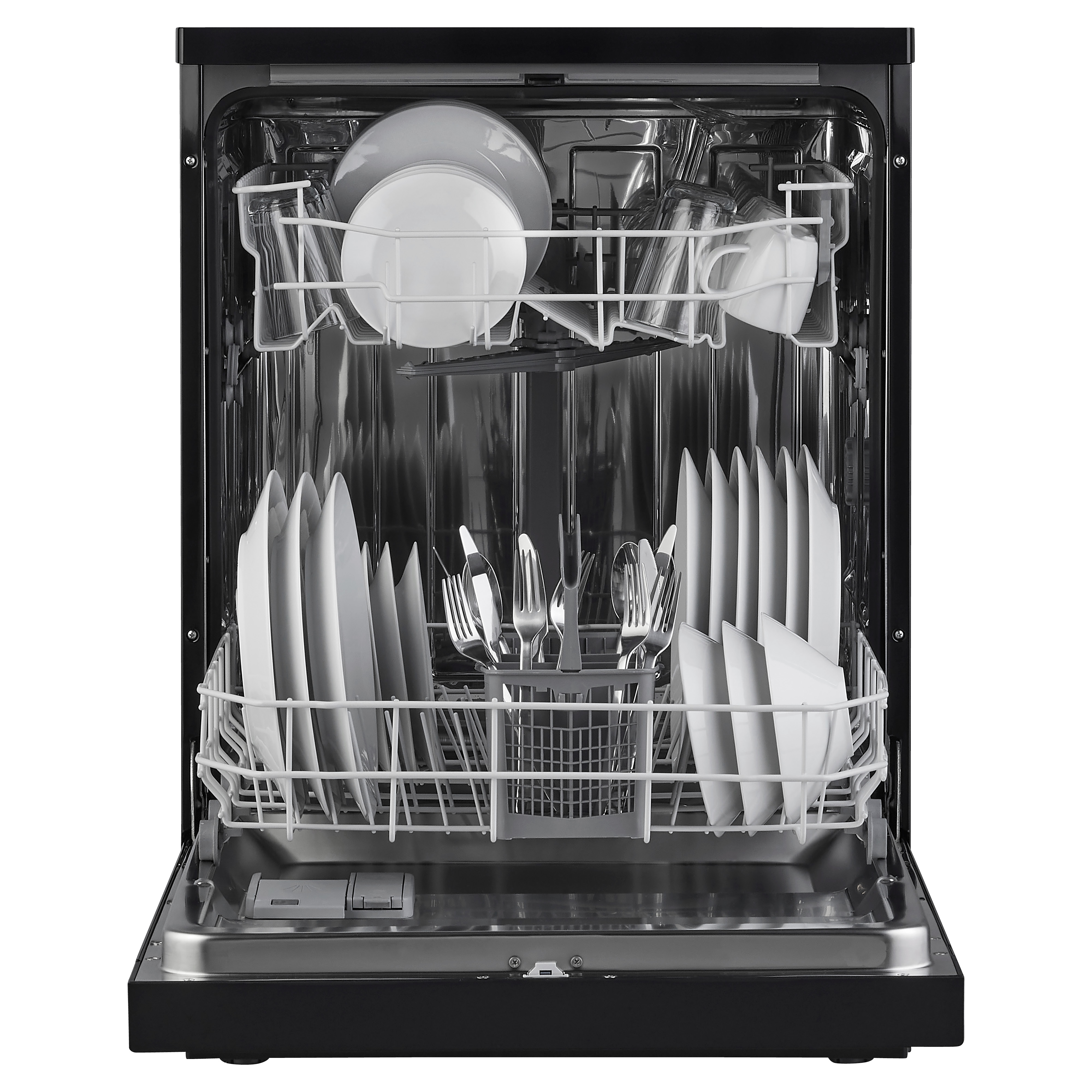 Black dishwasher, door open. Inside are plates, cutlery, and glasses.