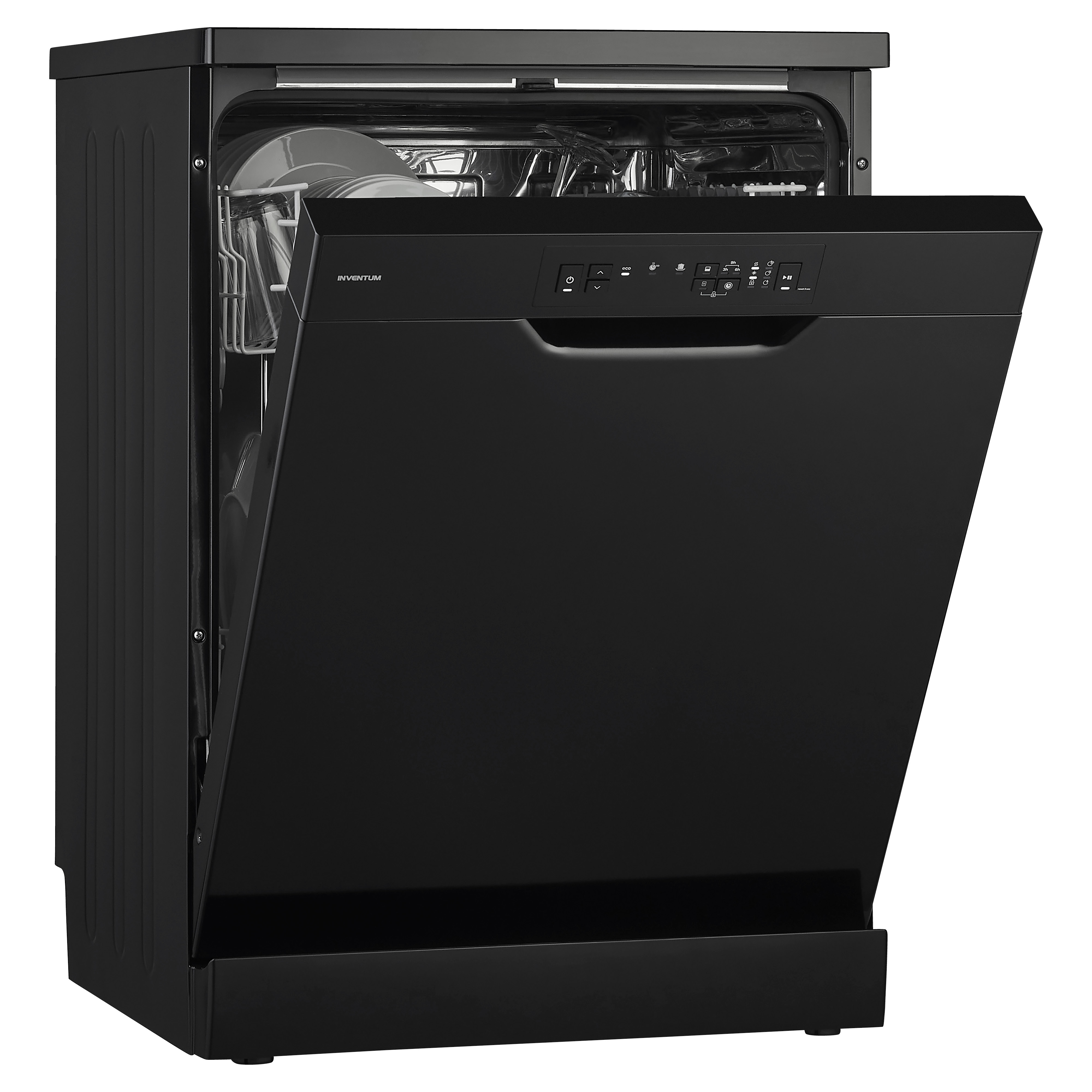 A black dishwasher with the door open, revealing dishes inside.