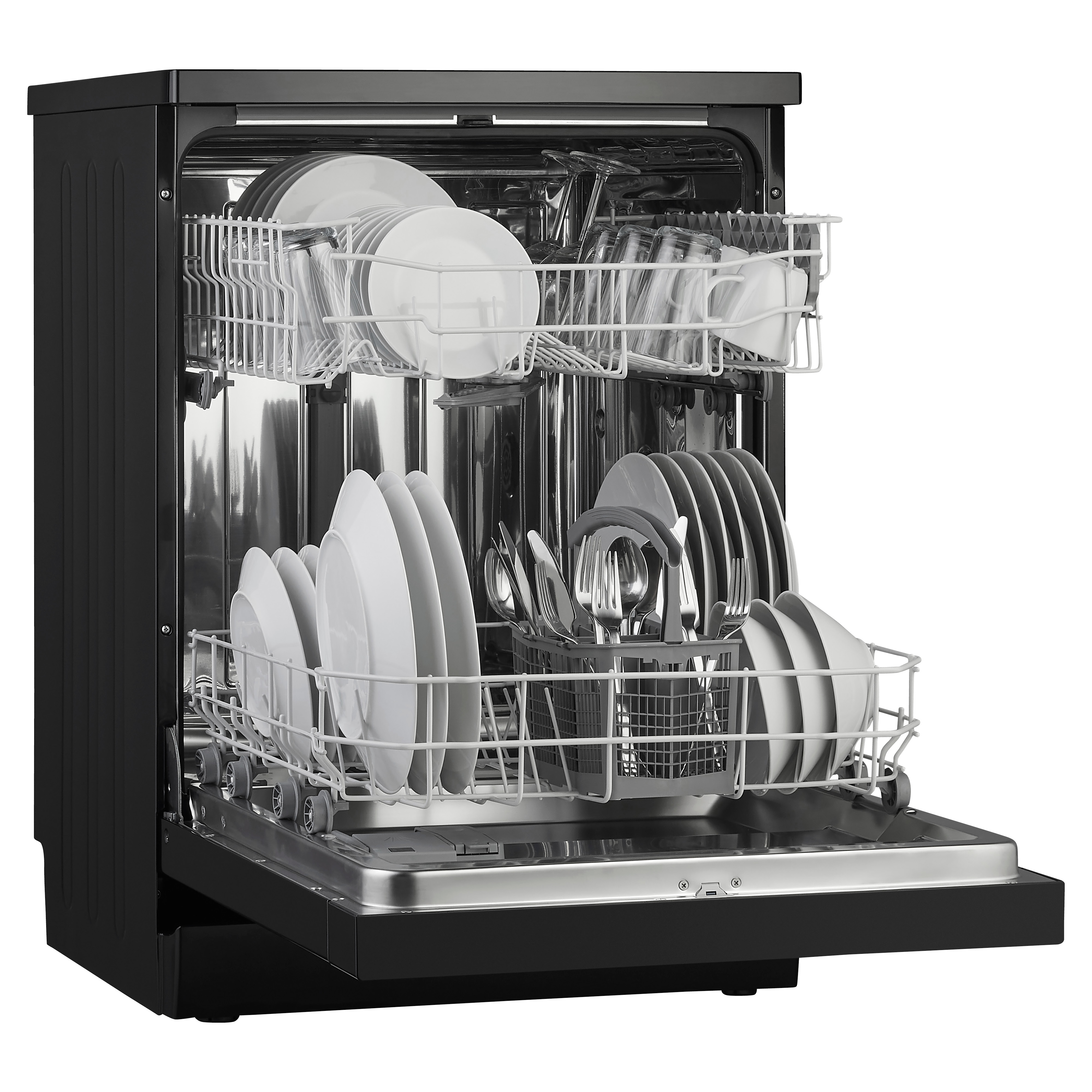 A black dishwasher with the door open. Dishes, glasses, and silverware are inside the racks.
