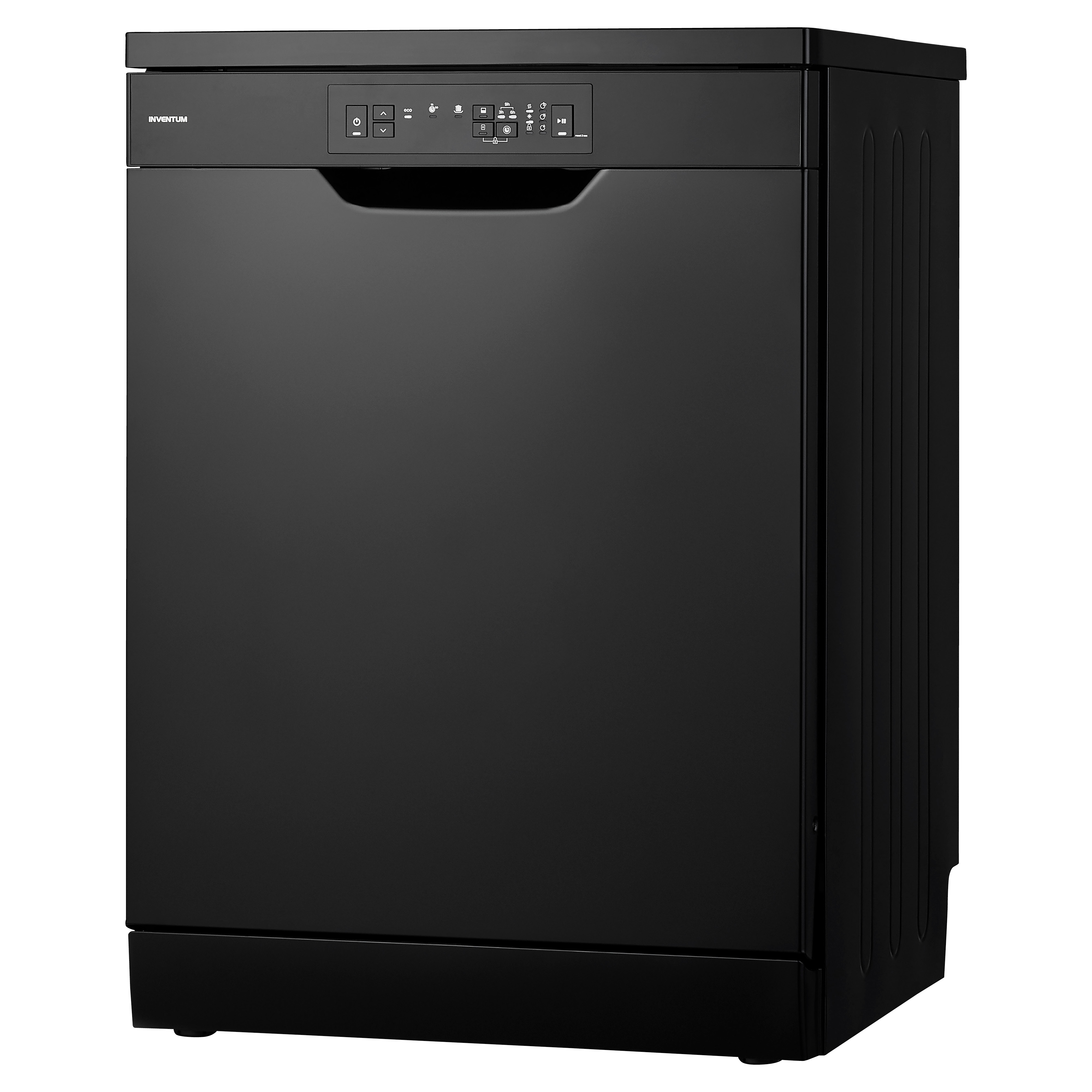 Black dishwasher, front view. The control panel is on the top. The door is closed.