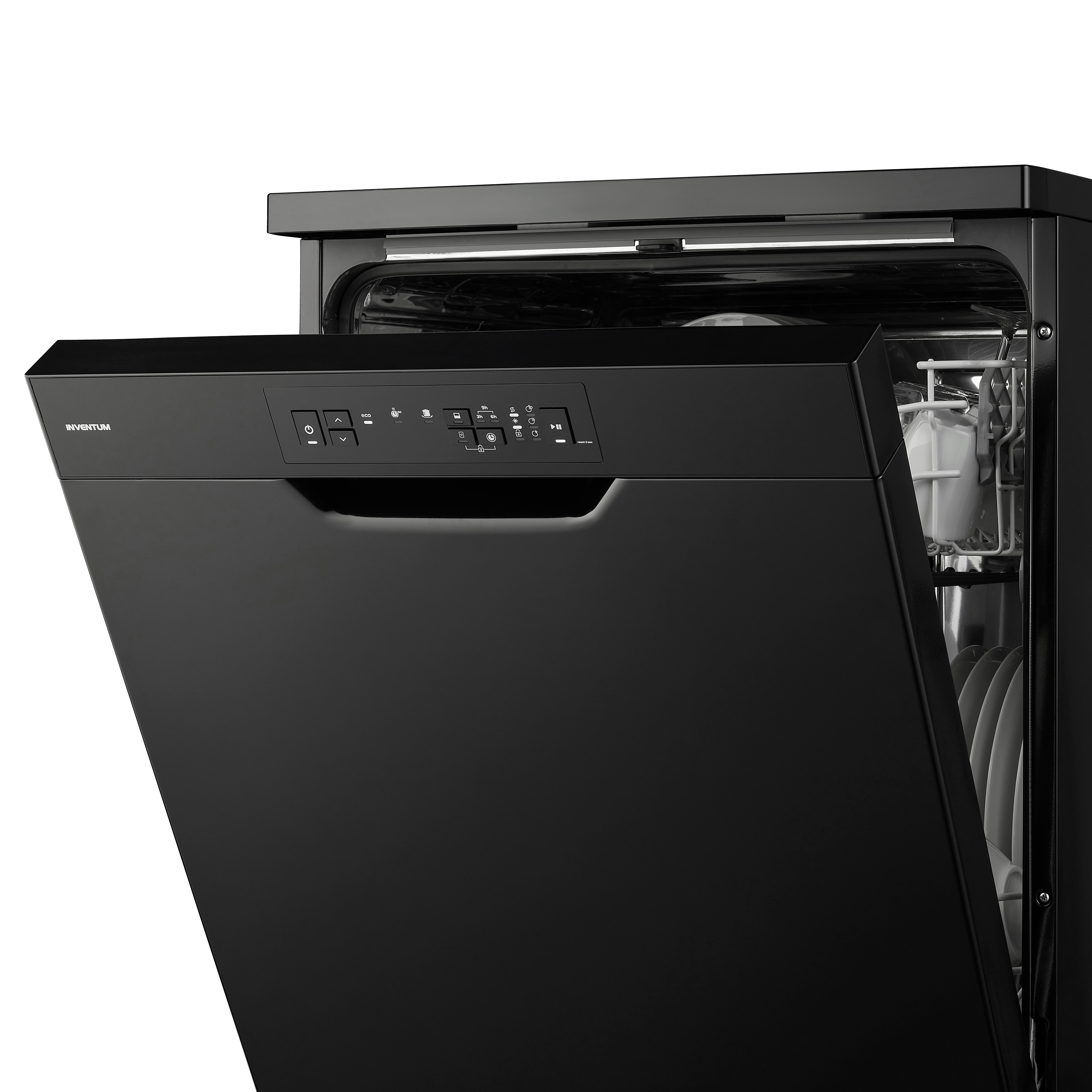 Black dishwasher with the door partially open. Controls and the interior are visible.
