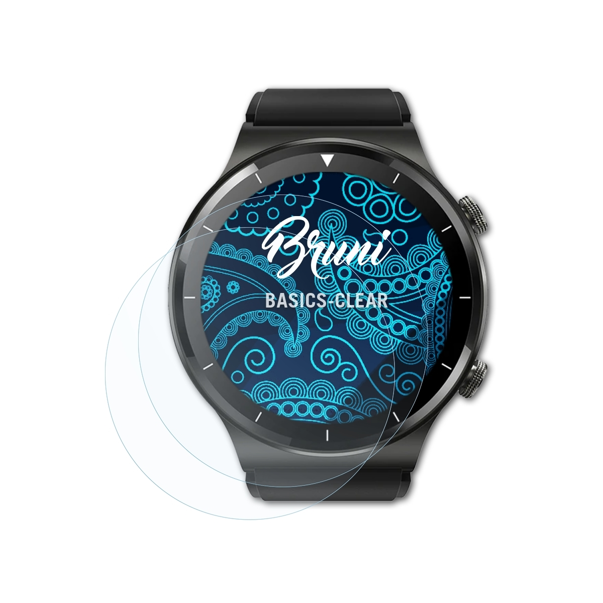 Schwarze Smartwatch mit rundem Zifferblatt, farbenfrohes Design und das Wort 'Bruni'.