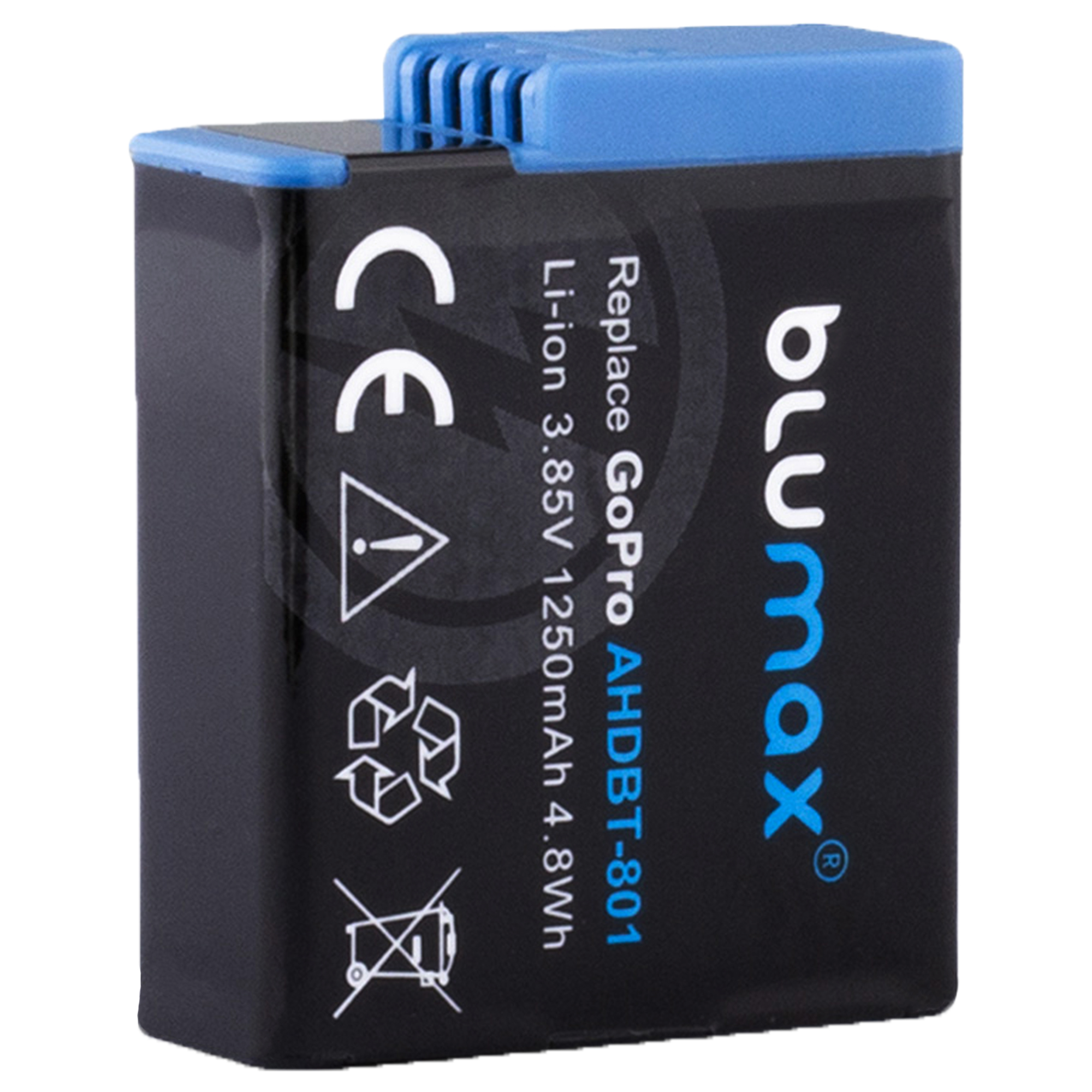 Eine schwarz-blaue GoPro-Batterie mit Text und Sicherheitssymbolen beschriftet.