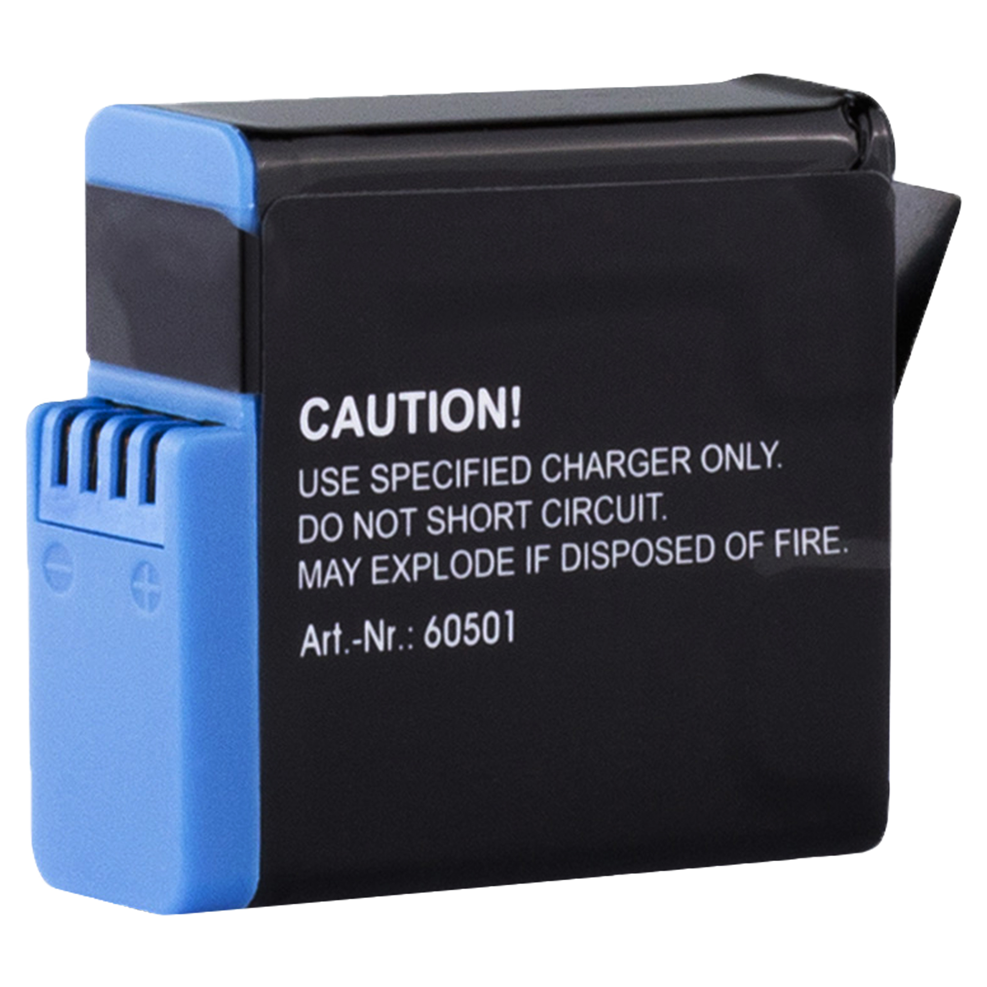 Eine schwarz-blaue Batterie mit Warnhinweis: Nur das angegebene Ladegerät verwenden. Nicht kurzschließen.