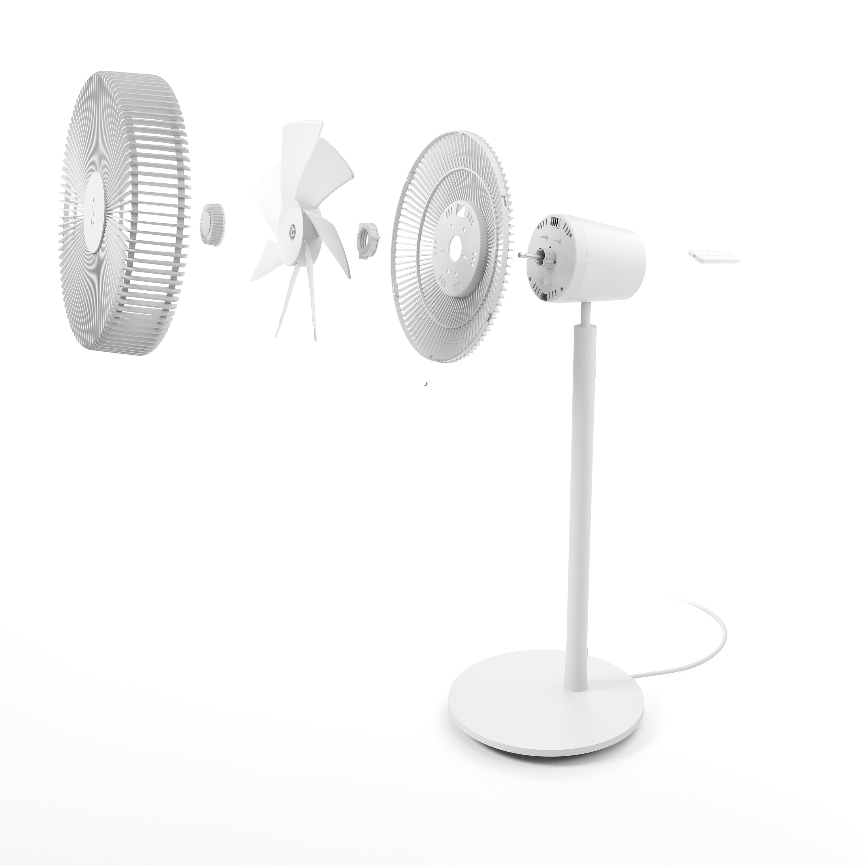 Widok rozłożony białego wentylatora, pokazujący jego wewnętrzne elementy na białym tle.