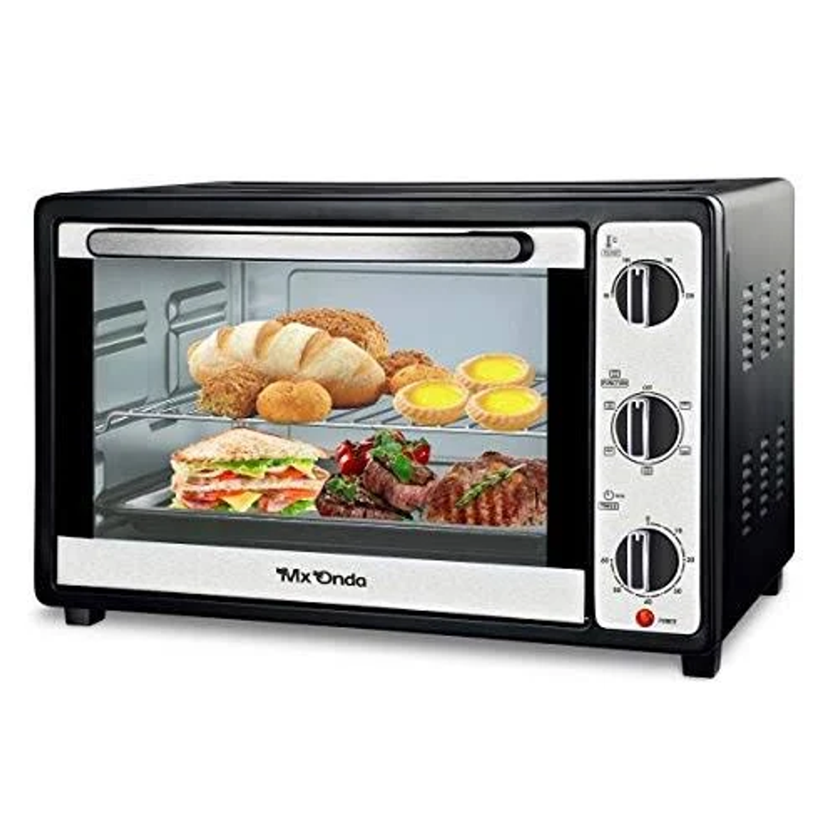 Otwarty piekarnik z chlebem, ciastami i ugotowanym jedzeniem w środku.