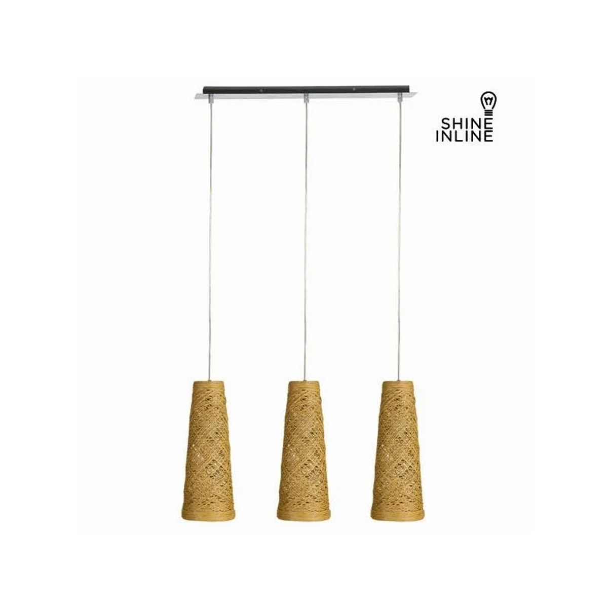 Trzy lampy wiszące z cylindrycznymi, beżowymi abażurami wiszą z czarnej szyny.