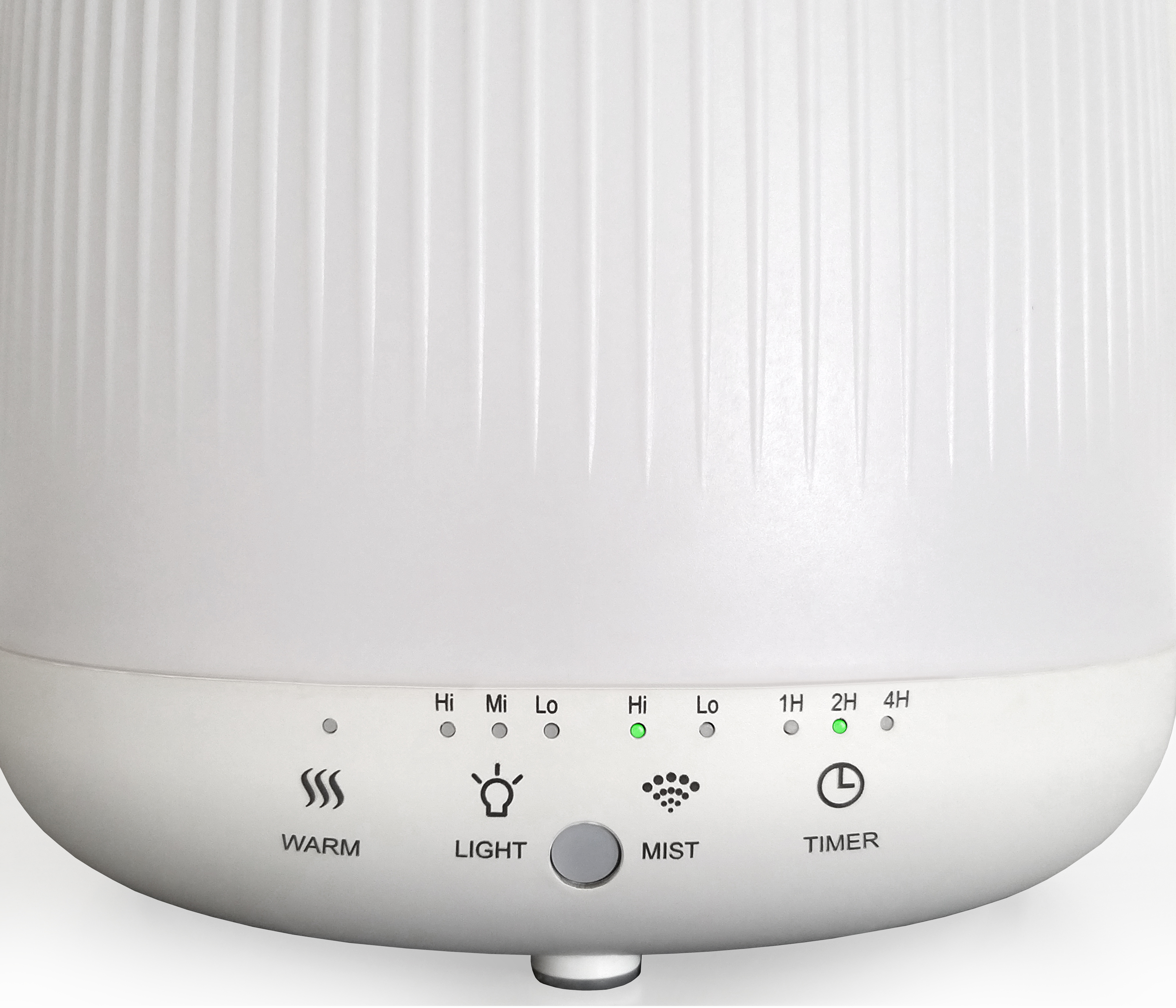 Difusor blanco con panel de control que muestra opciones de calor, luz, niebla y temporizador.
