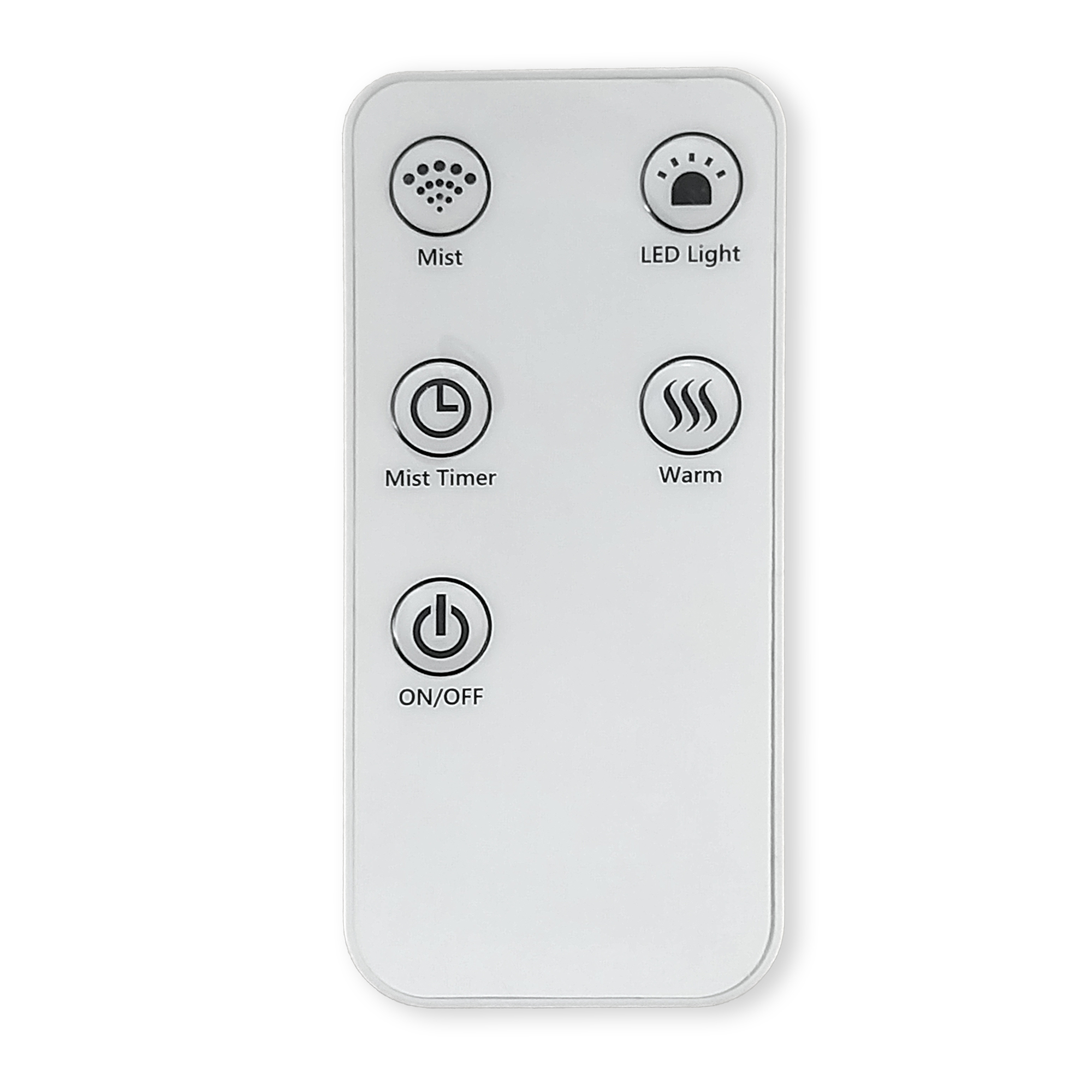 Mando a distancia blanco con botones: 'Mist', 'LED Light', 'Timer', 'Warm', 'ON/OFF'.
